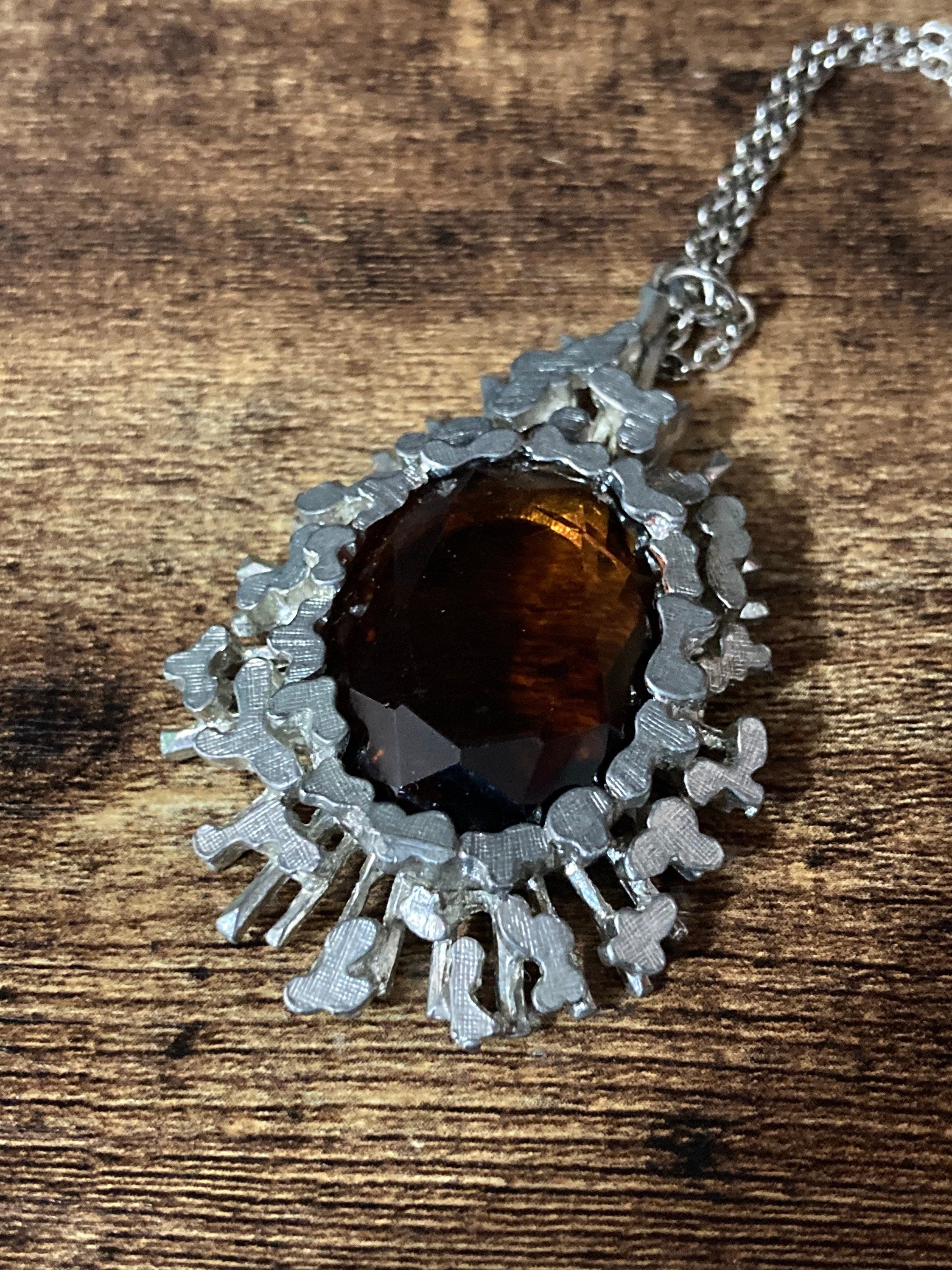 Vintage brown cognac glass silver tone metal Paste drop pendant on 68cm chain