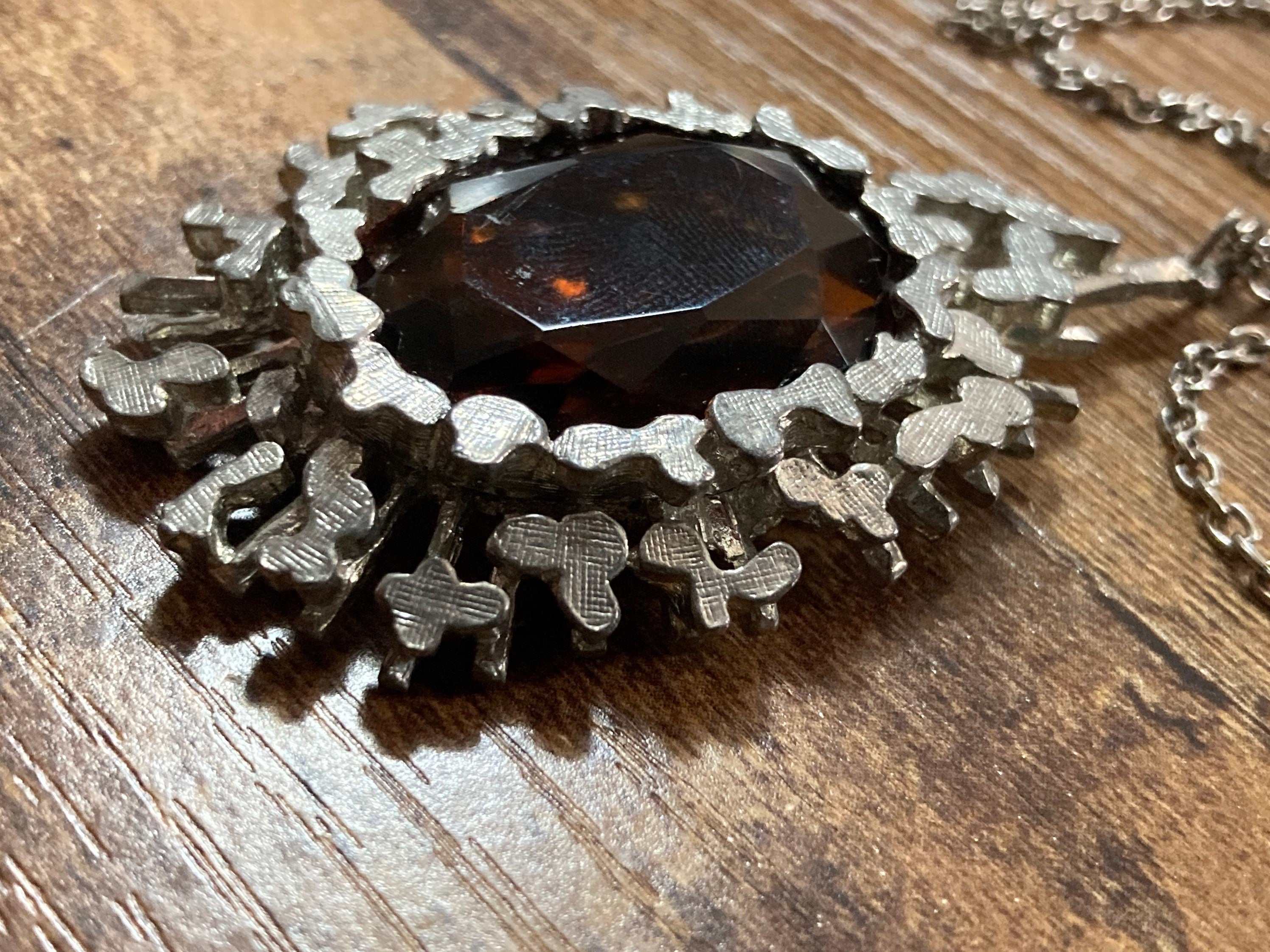 Vintage brown cognac glass silver tone metal Paste drop pendant on 68cm chain