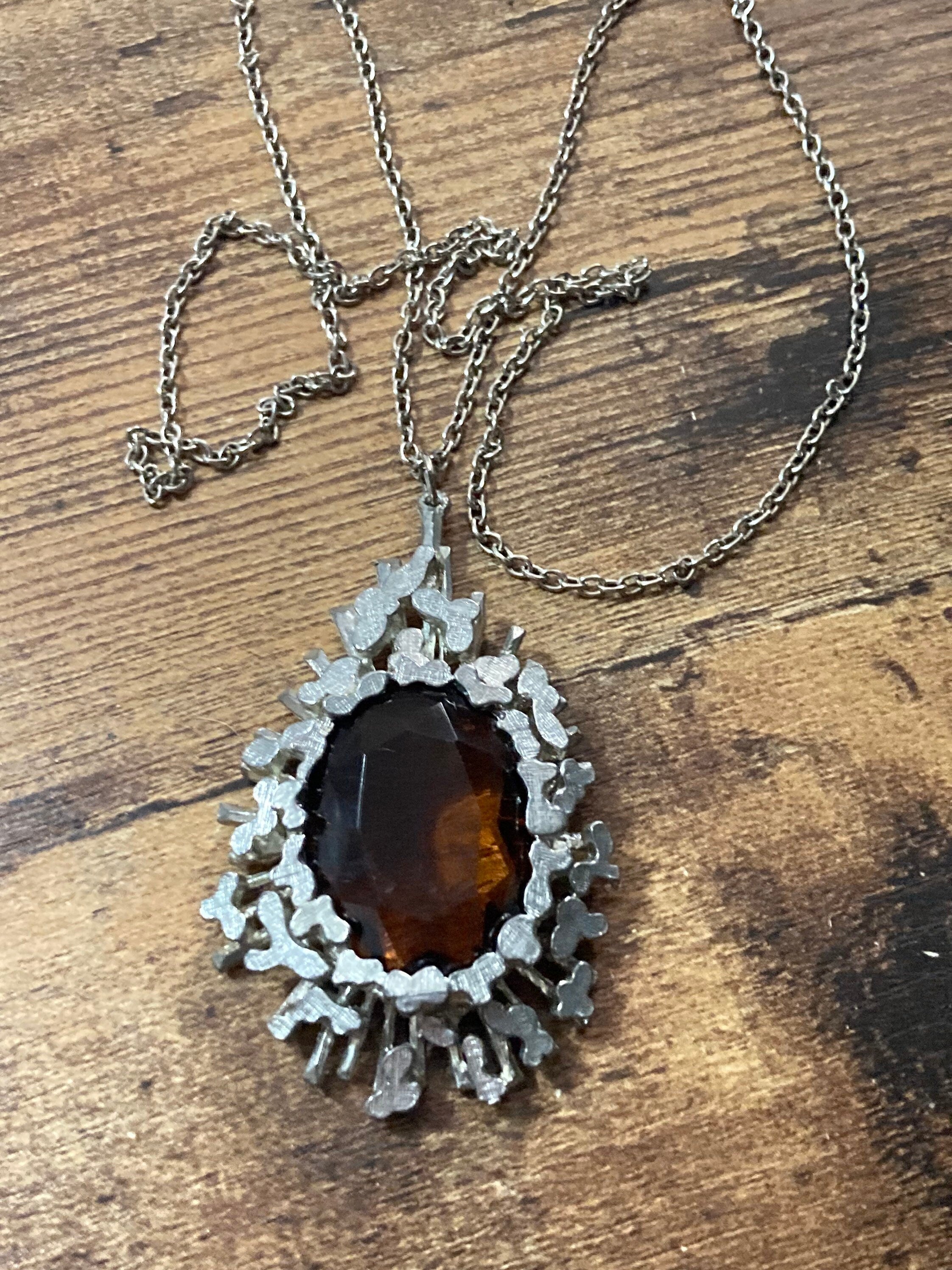 Vintage brown cognac glass silver tone metal Paste drop pendant on 68cm chain