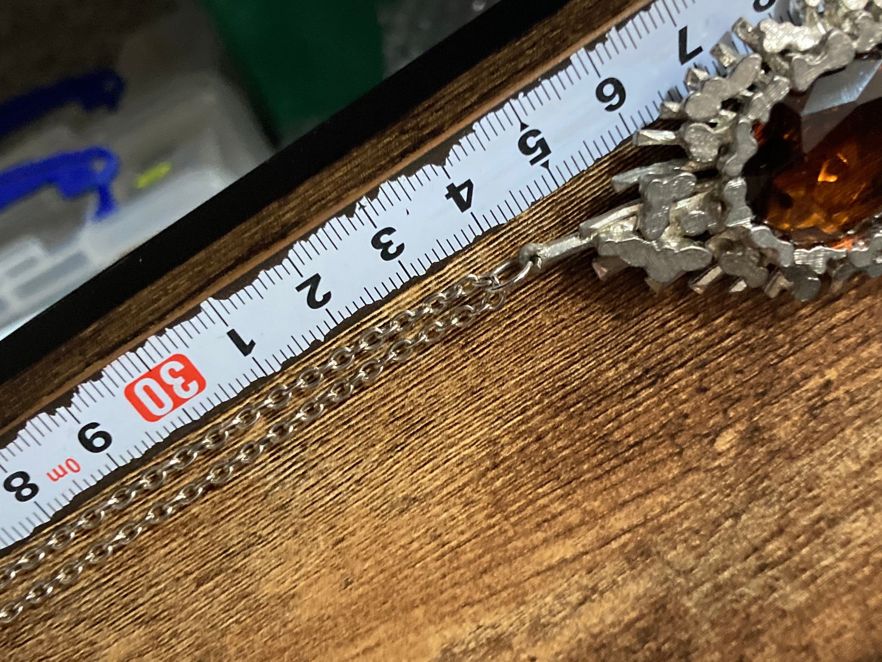 Vintage brown cognac glass silver tone metal Paste drop pendant on 68cm chain
