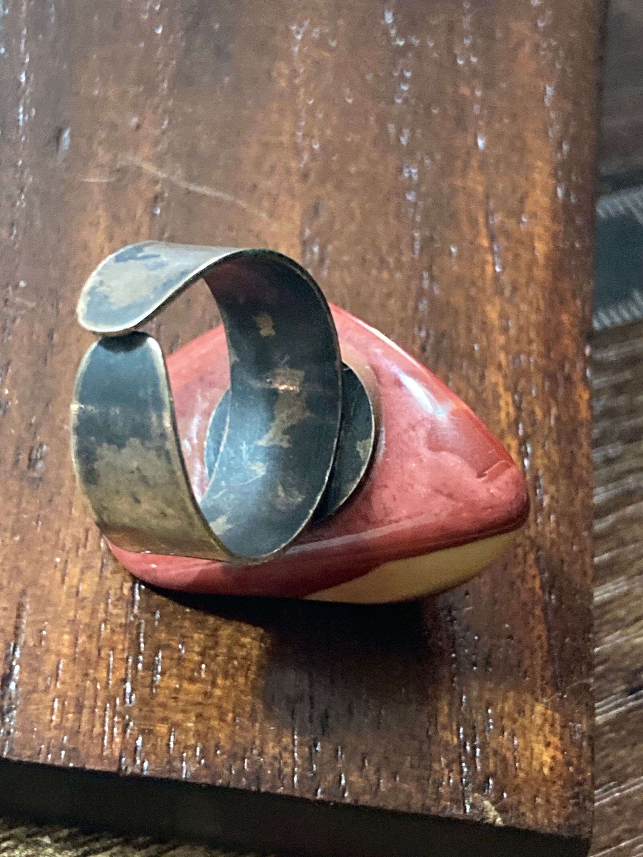 1970s vintage modernist stainless steel brown red gemstone adjustable ring