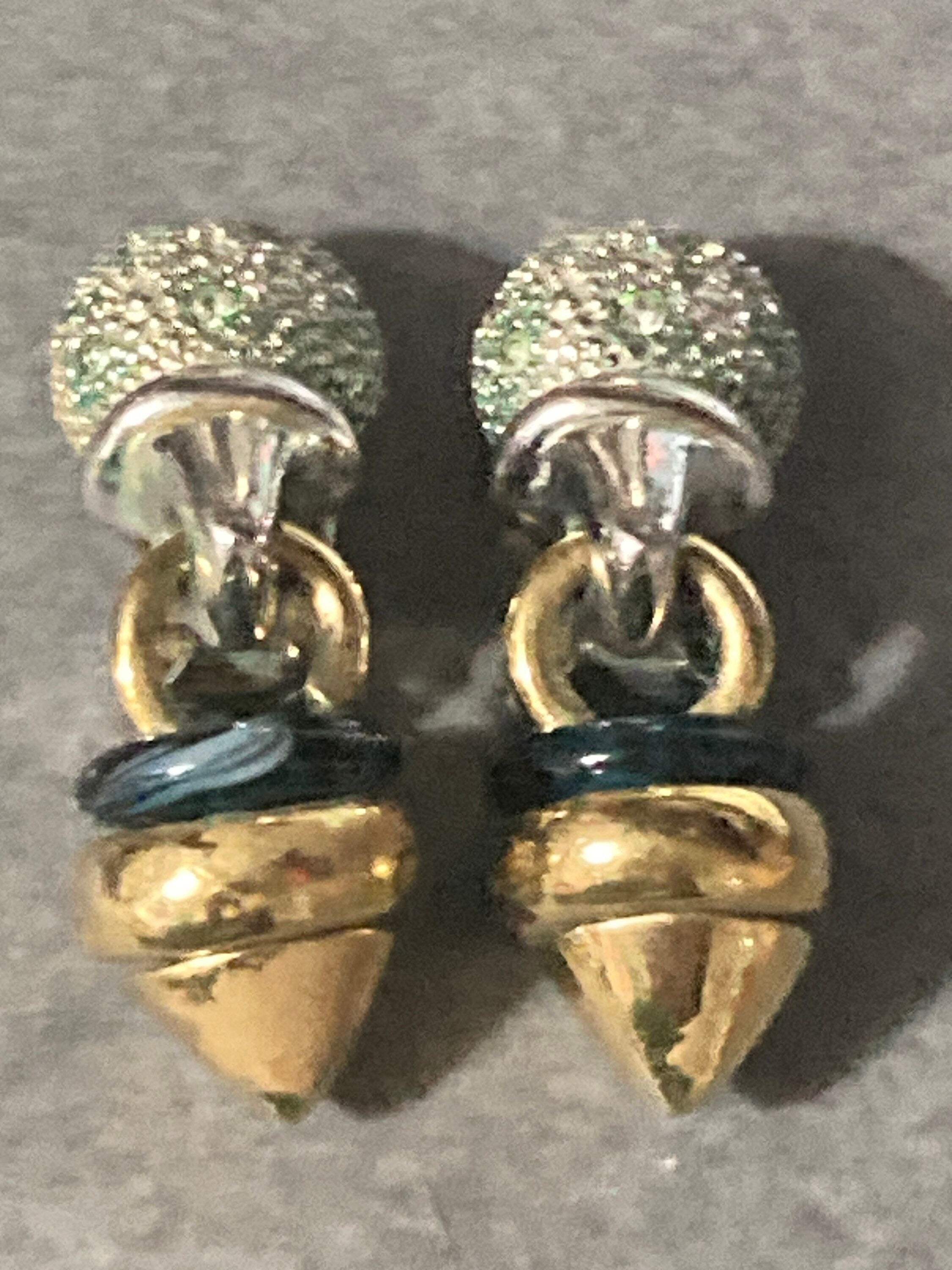 As found Signed GROSSE  German designer silver & gold tone clip on diamanté ball drop earrings