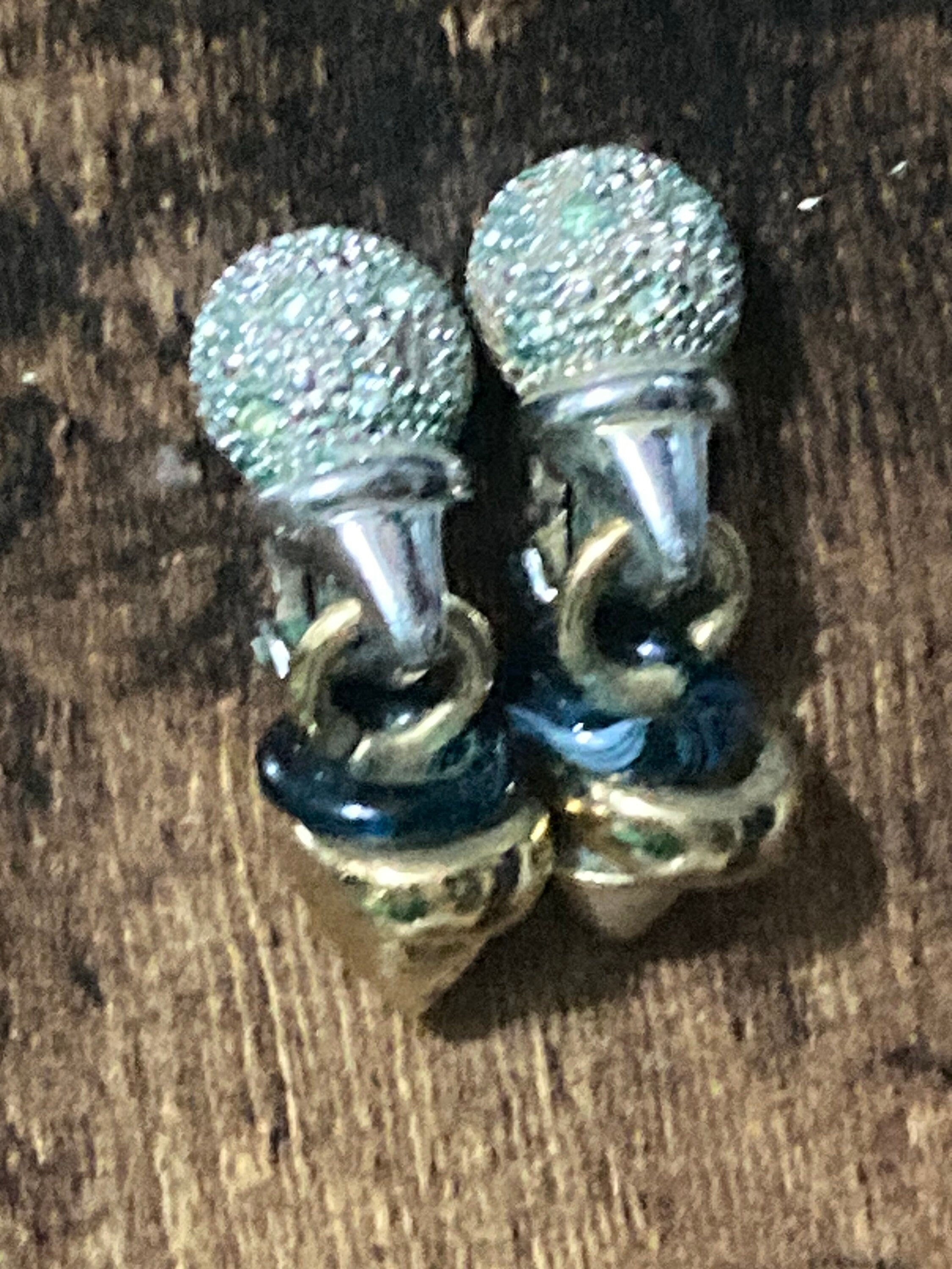 As found Signed GROSSE  German designer silver & gold tone clip on diamanté ball drop earrings