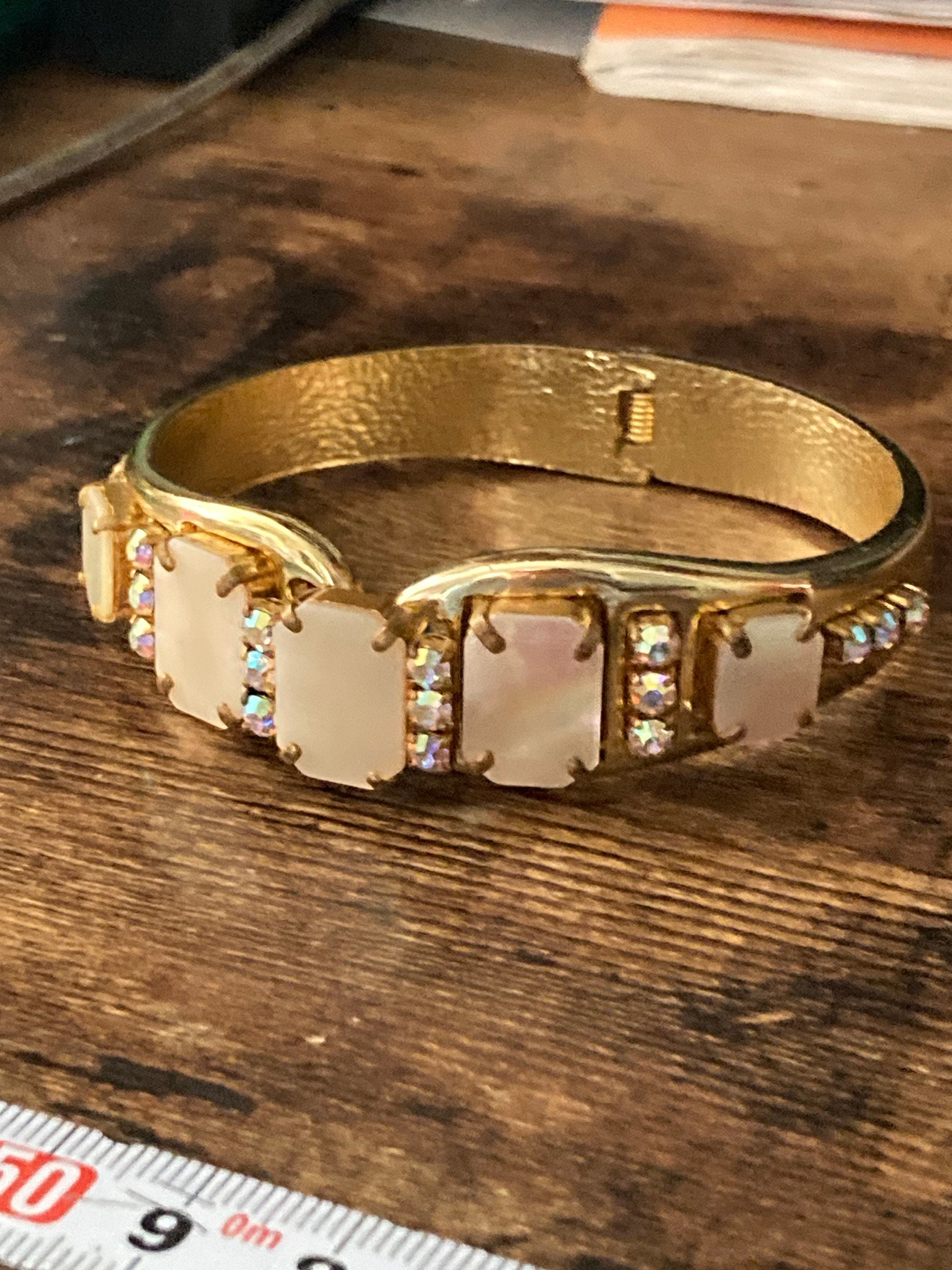 Retro gold tone mother of Pearl diamanté clamper bangle