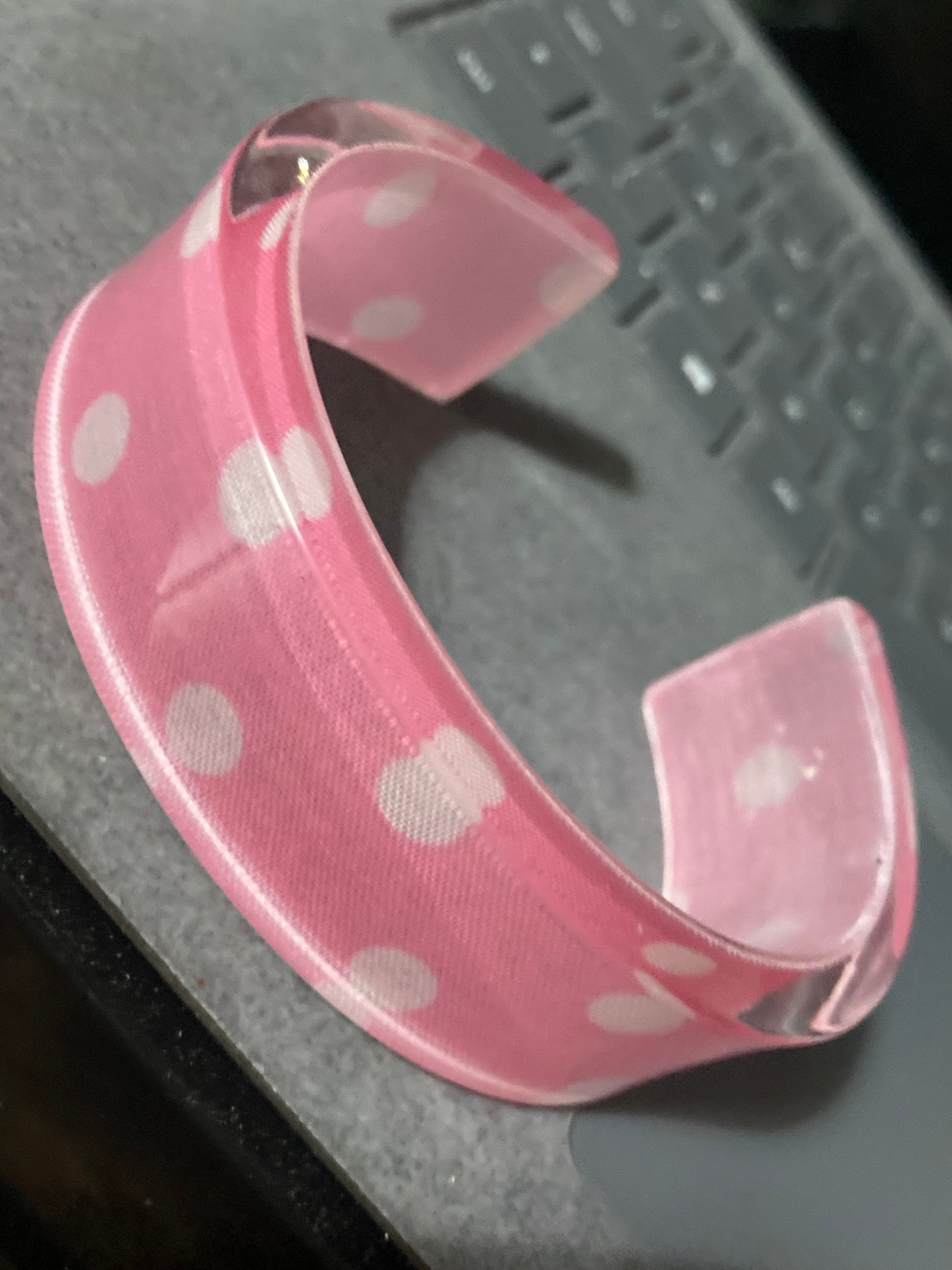 Pink polka dot acrylic plastic resin wide cuff bangle bracelet
