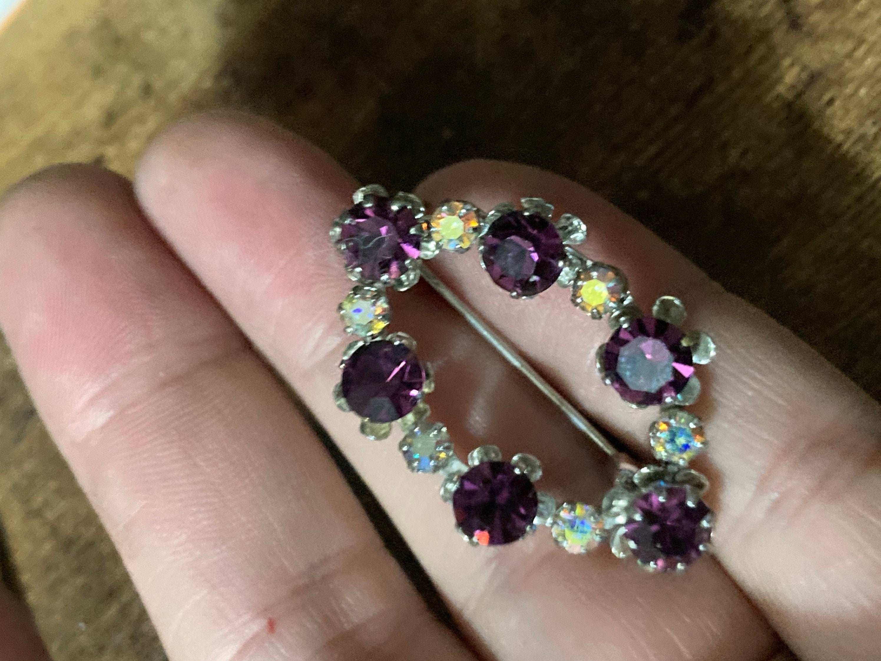 Silver tone amethyst purple Aurora borealis diamanté rhinestone brooch 4cm