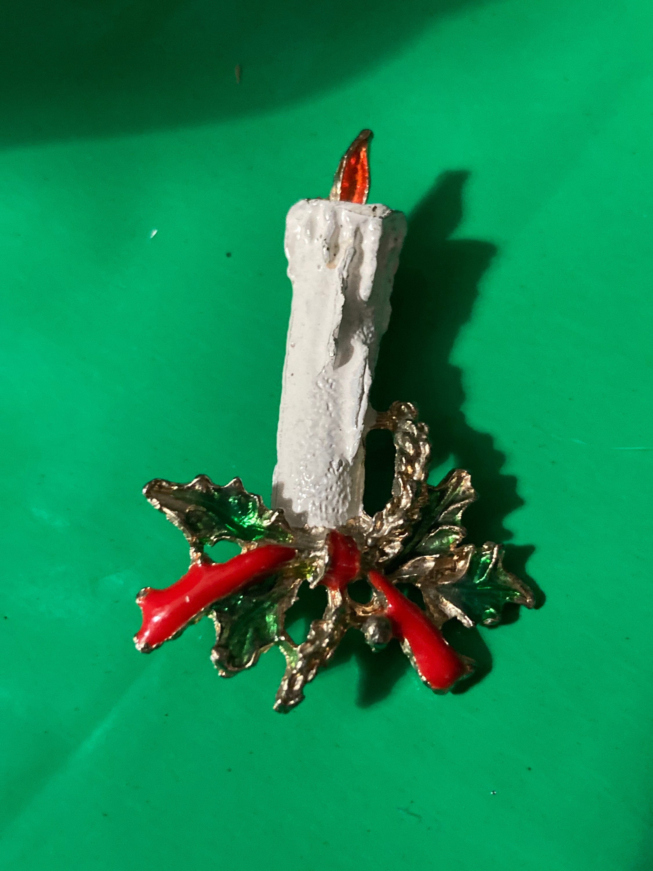 Vintage white enamel Christmas candle brooch