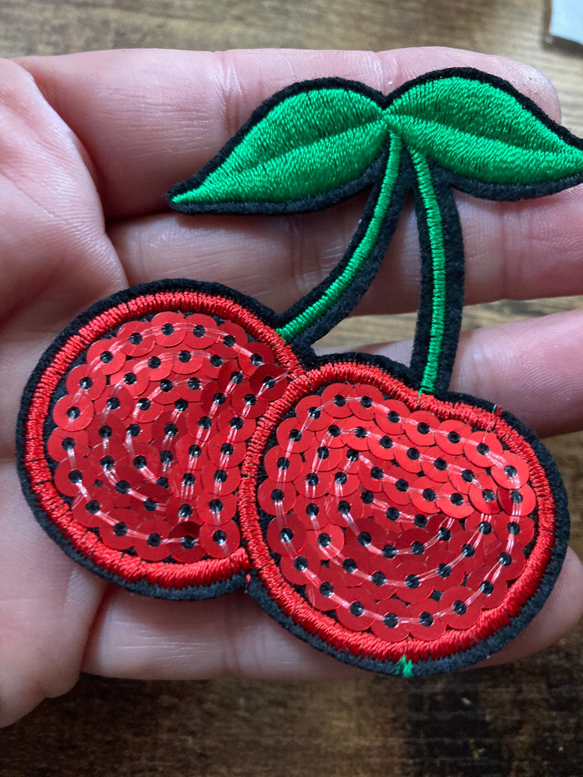 iron on cherry patch 7 x 6cm red green sequins