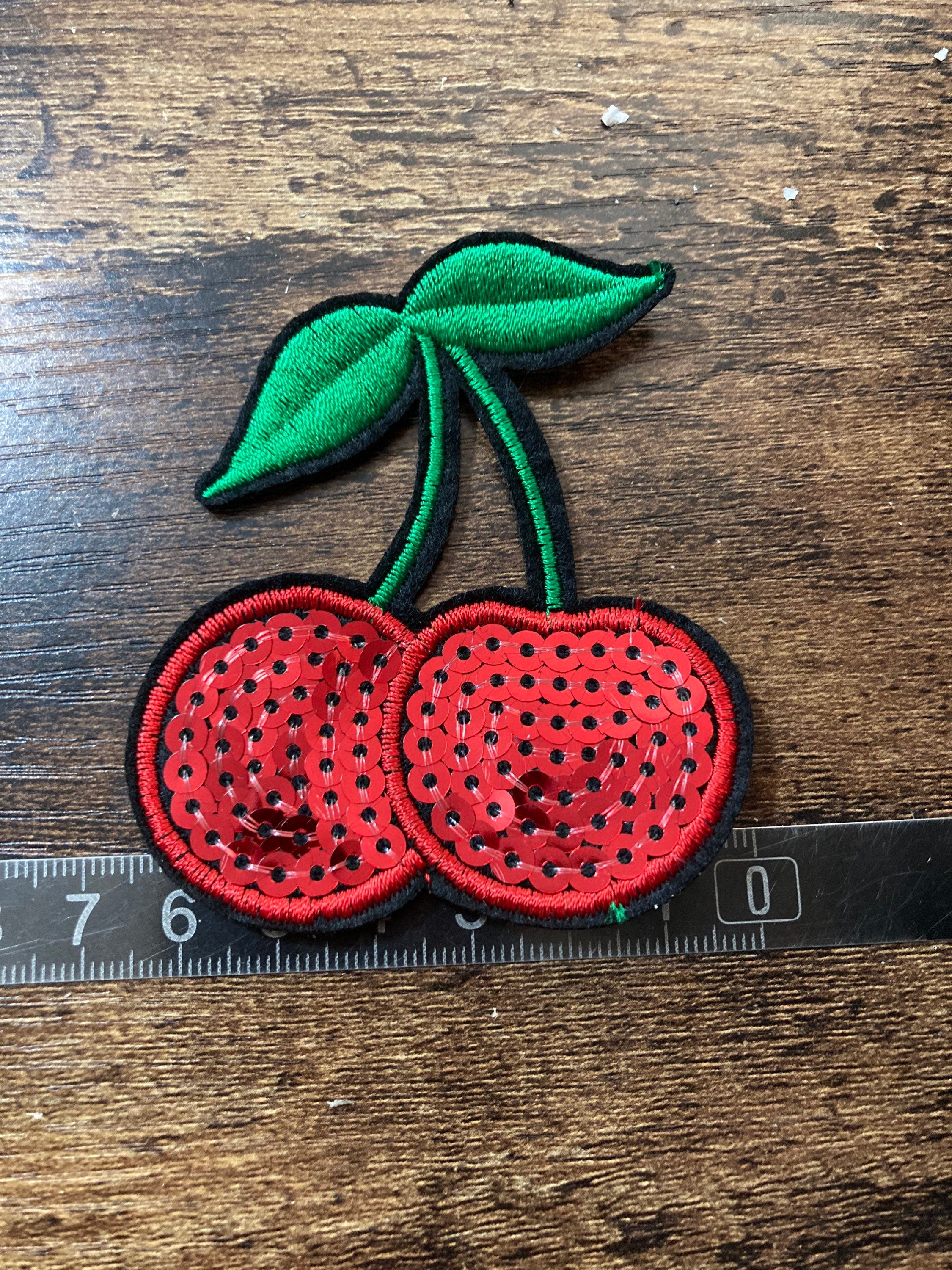 iron on cherry patch 7 x 6cm red green sequins