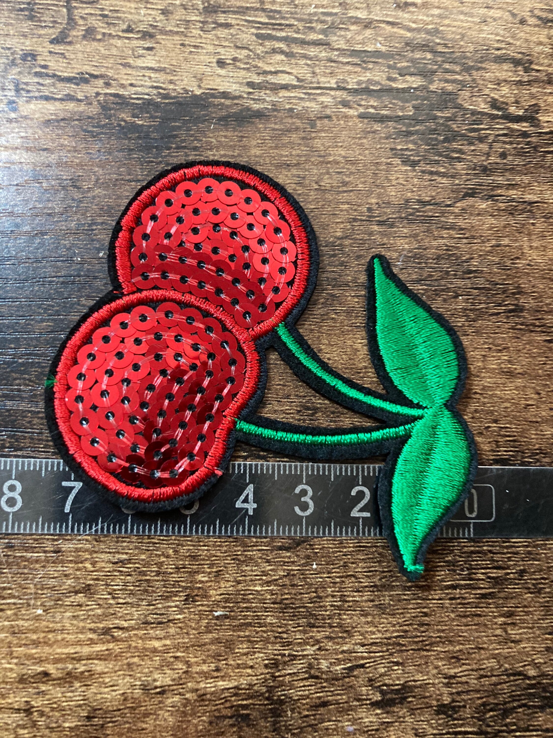 iron on cherry patch 7 x 6cm red green sequins