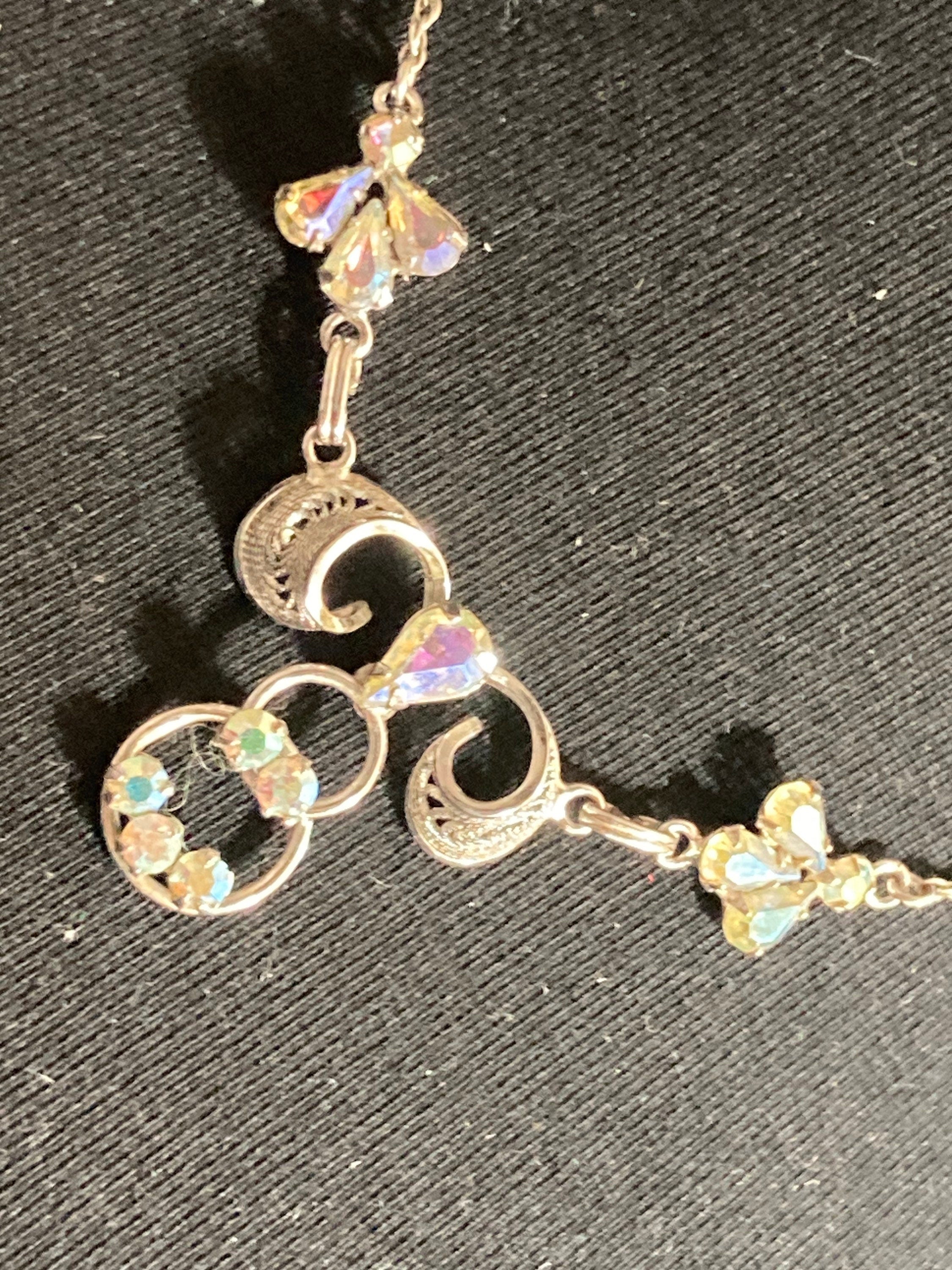 Signed TK 925 Sterling Silver AB Aurora borealis diamanté swag necklace 5.6 grams 45cm