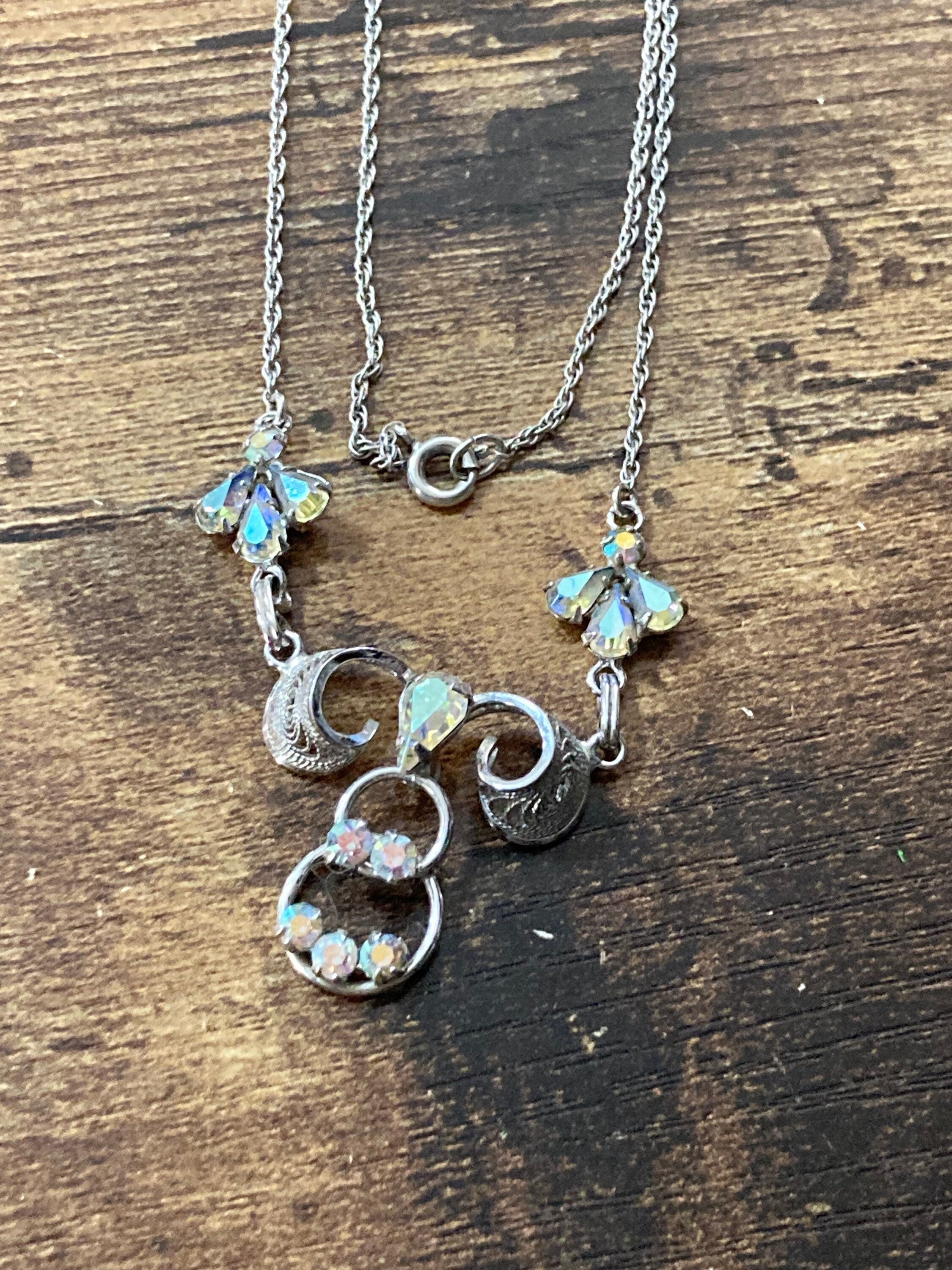 Signed TK 925 Sterling Silver AB Aurora borealis diamanté swag necklace 5.6 grams 45cm