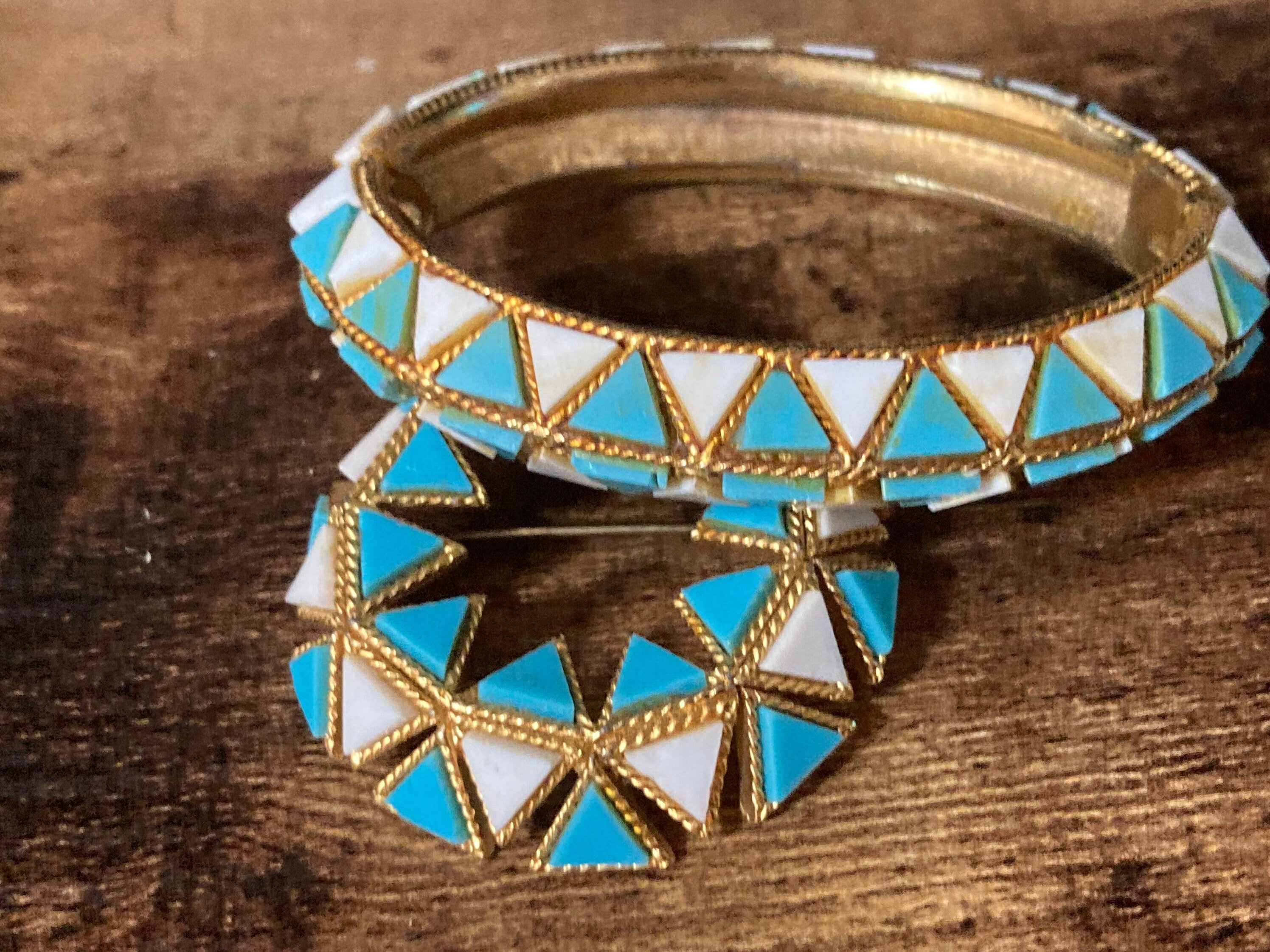 Vintage turquoise white gold tone clamper bangle and matching brooch jewellery set
