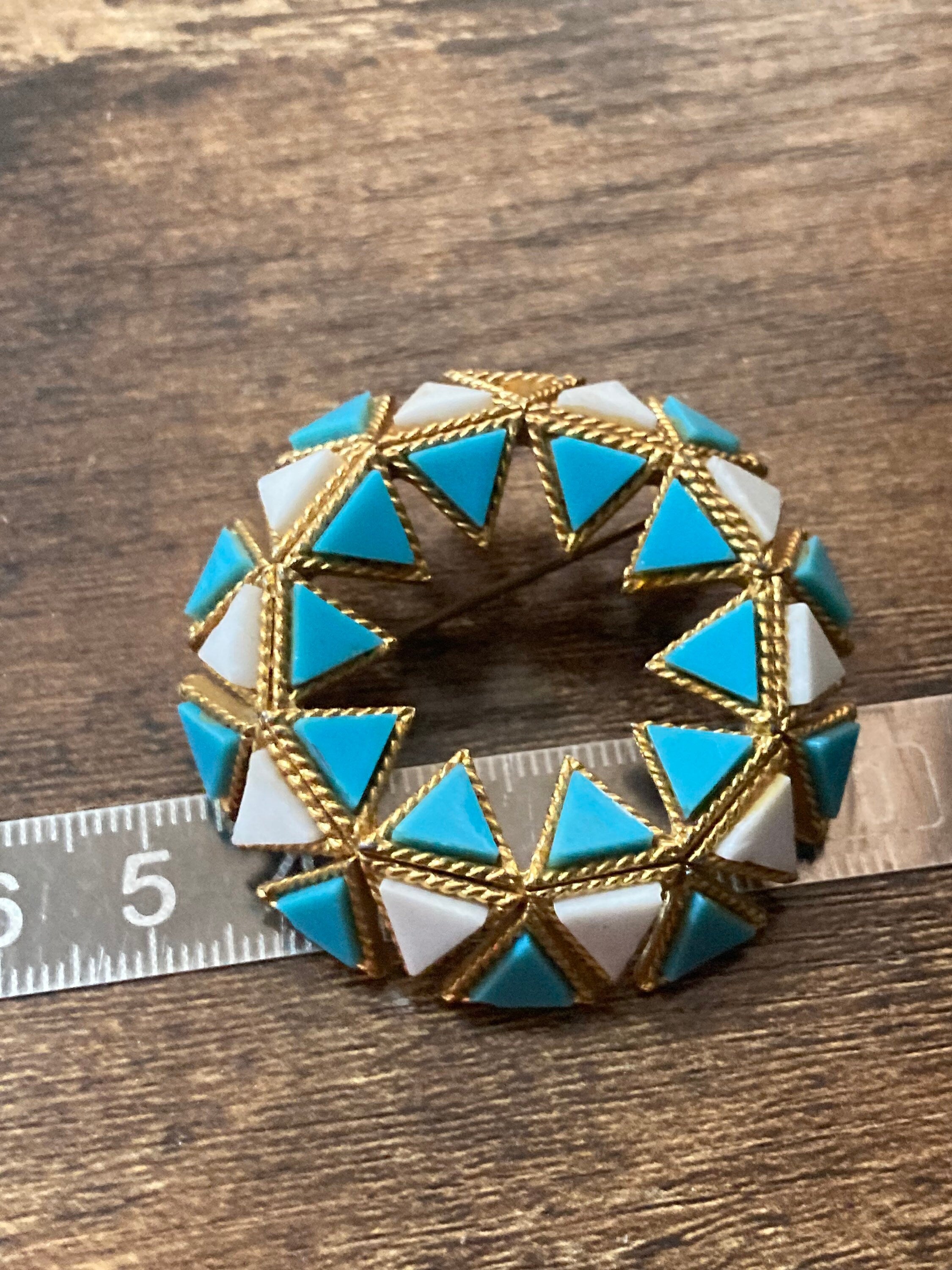 Vintage turquoise white gold tone clamper bangle and matching brooch jewellery set