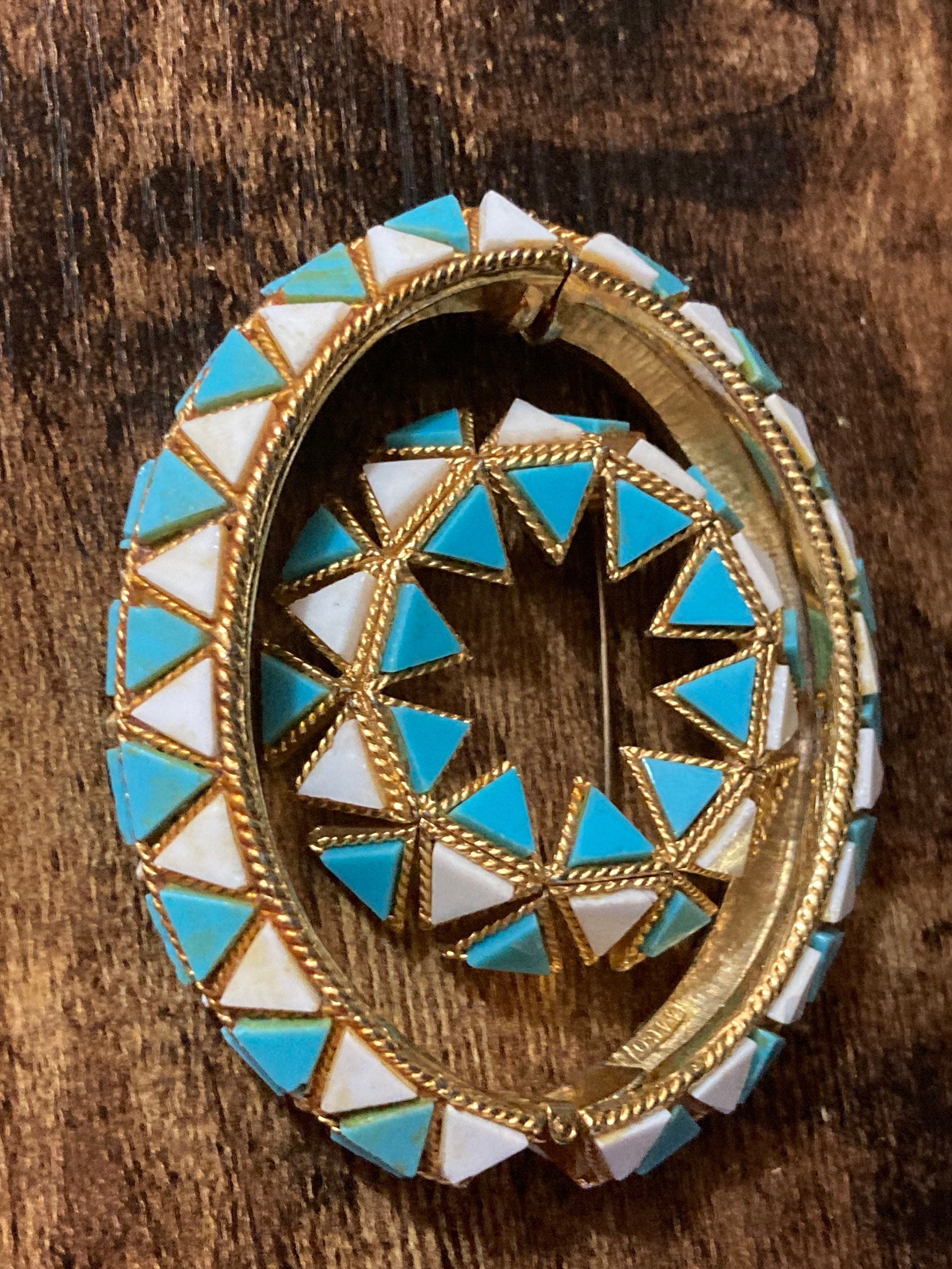 Vintage turquoise white gold tone clamper bangle and matching brooch jewellery set