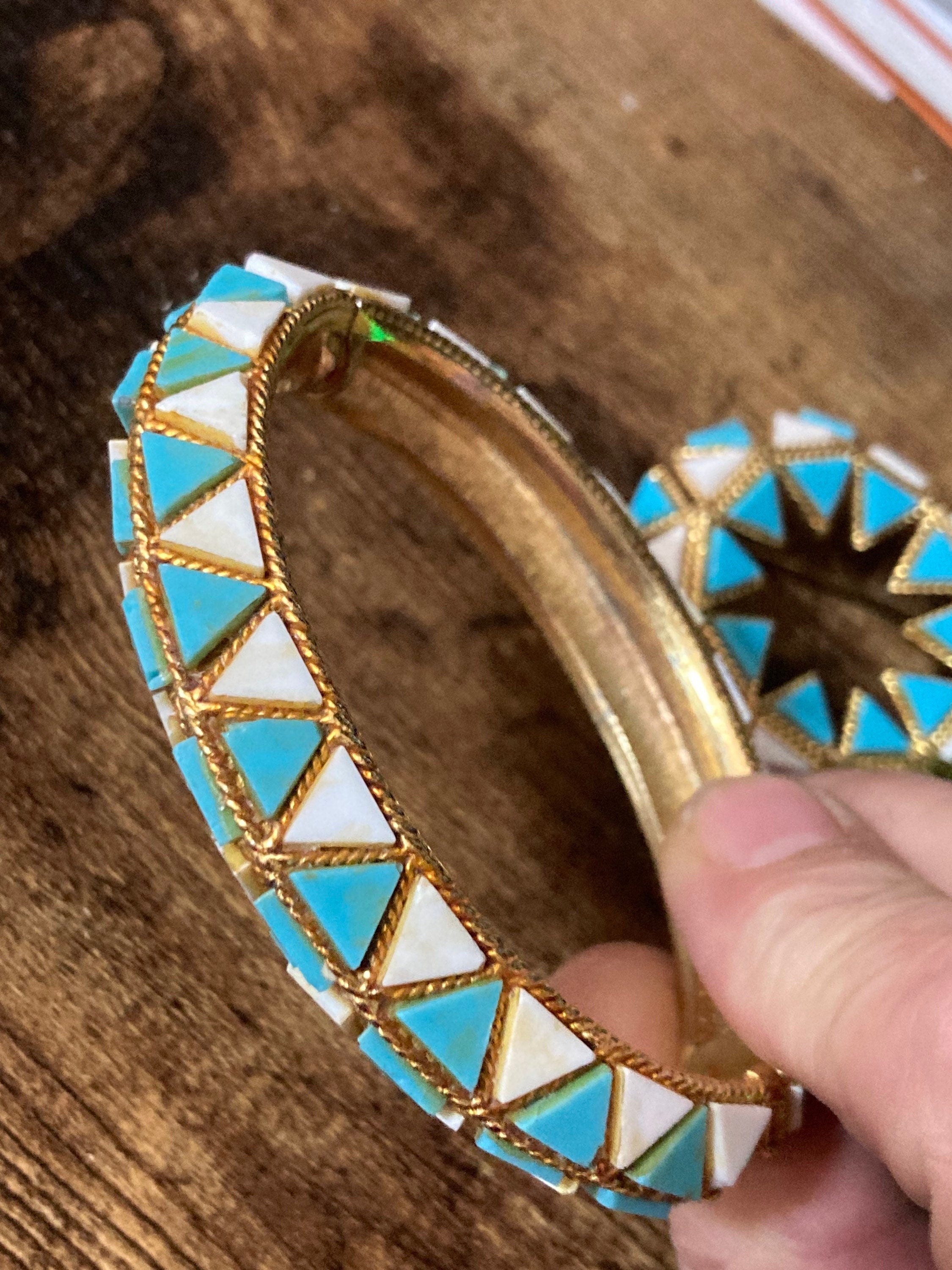 Vintage turquoise white gold tone clamper bangle and matching brooch jewellery set