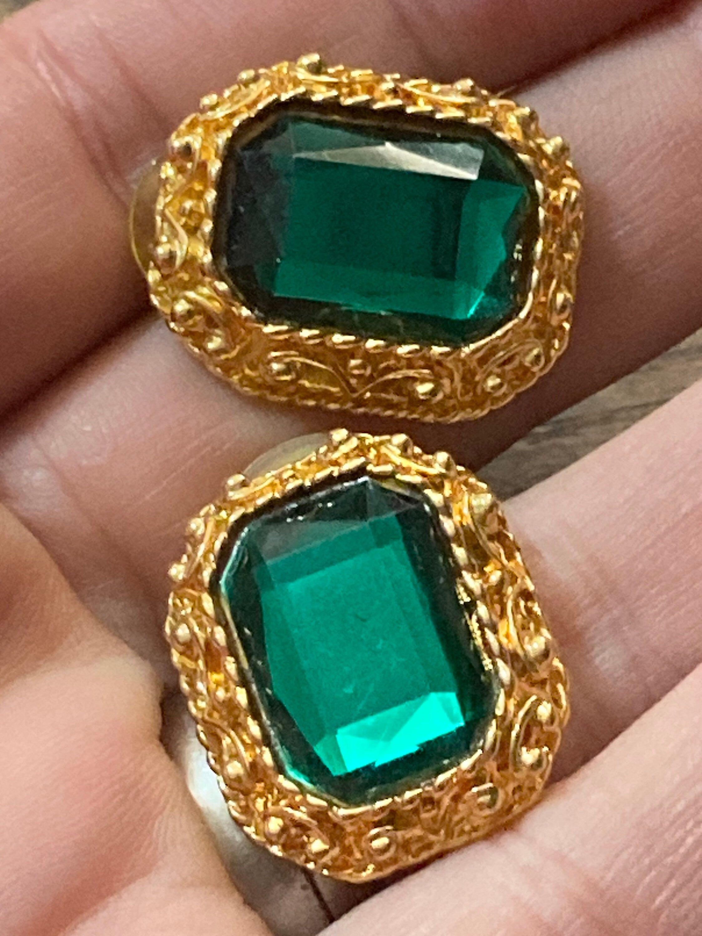 Oversized Emerald green glass Rhinestone large stud pierced Earrings