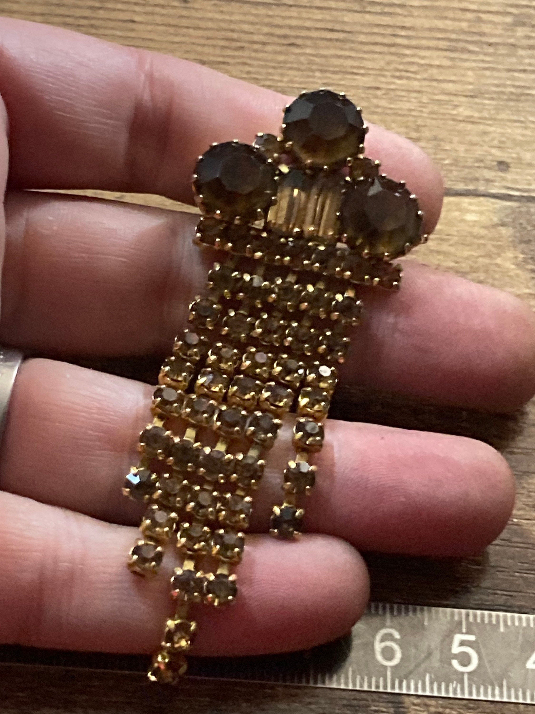 mid century gold tone brown cognac glass waterfall brooch 8cm