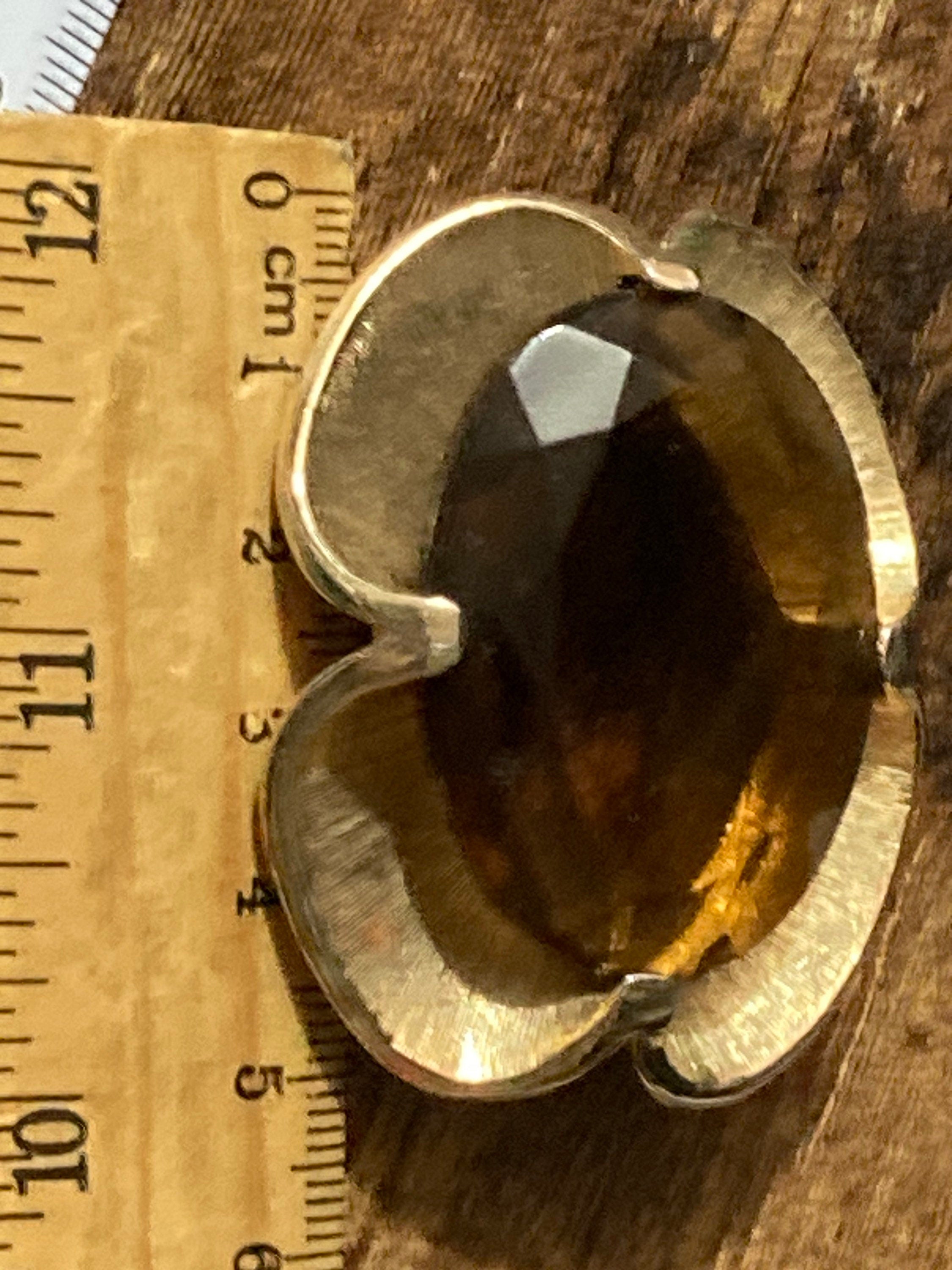 Vintage oversized chunky gold tone brooch with large brown topaz citrine glass cabochon