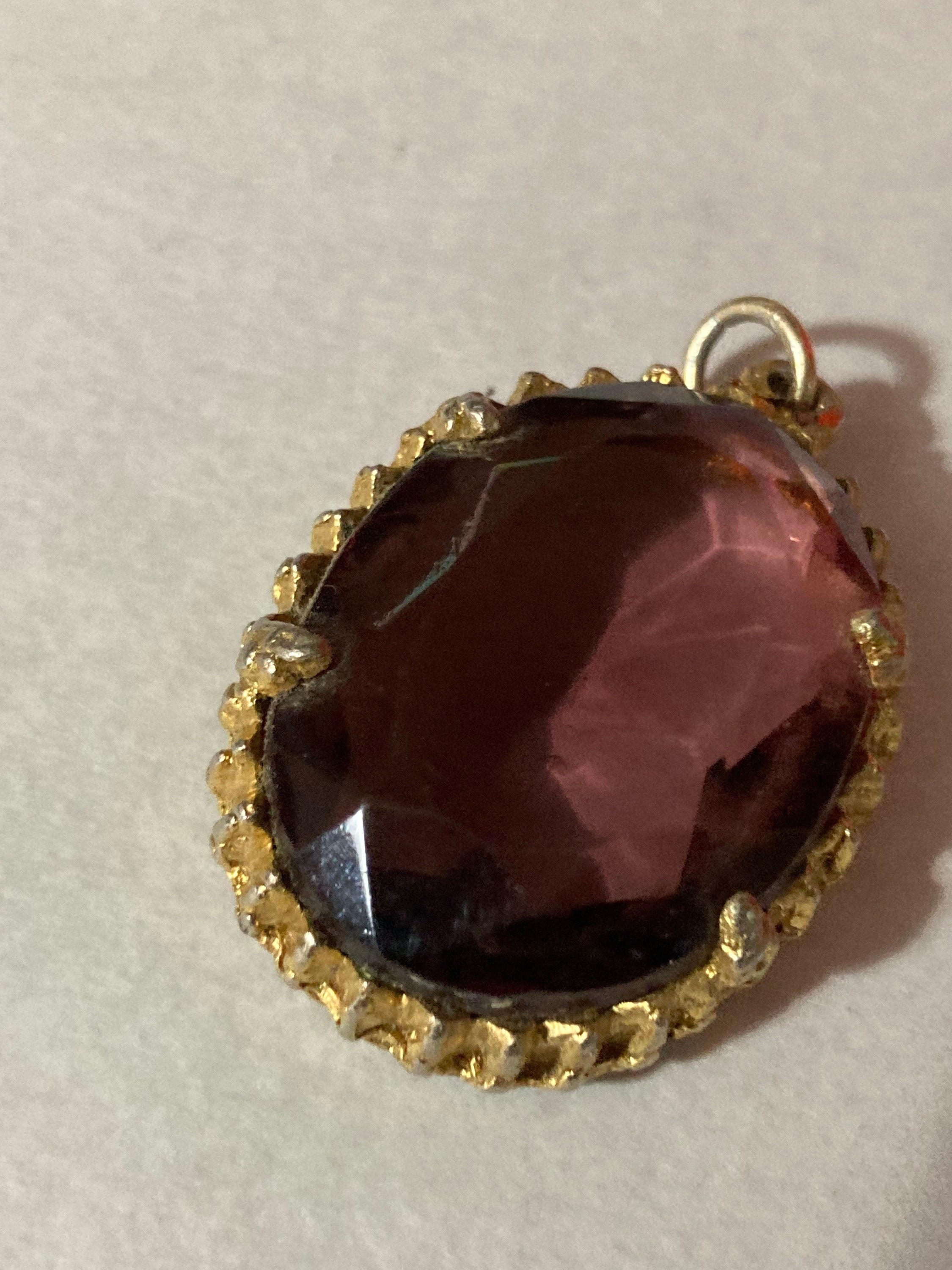 Vintage Modernist gold tone abstract metal purple glass 1970s pendant