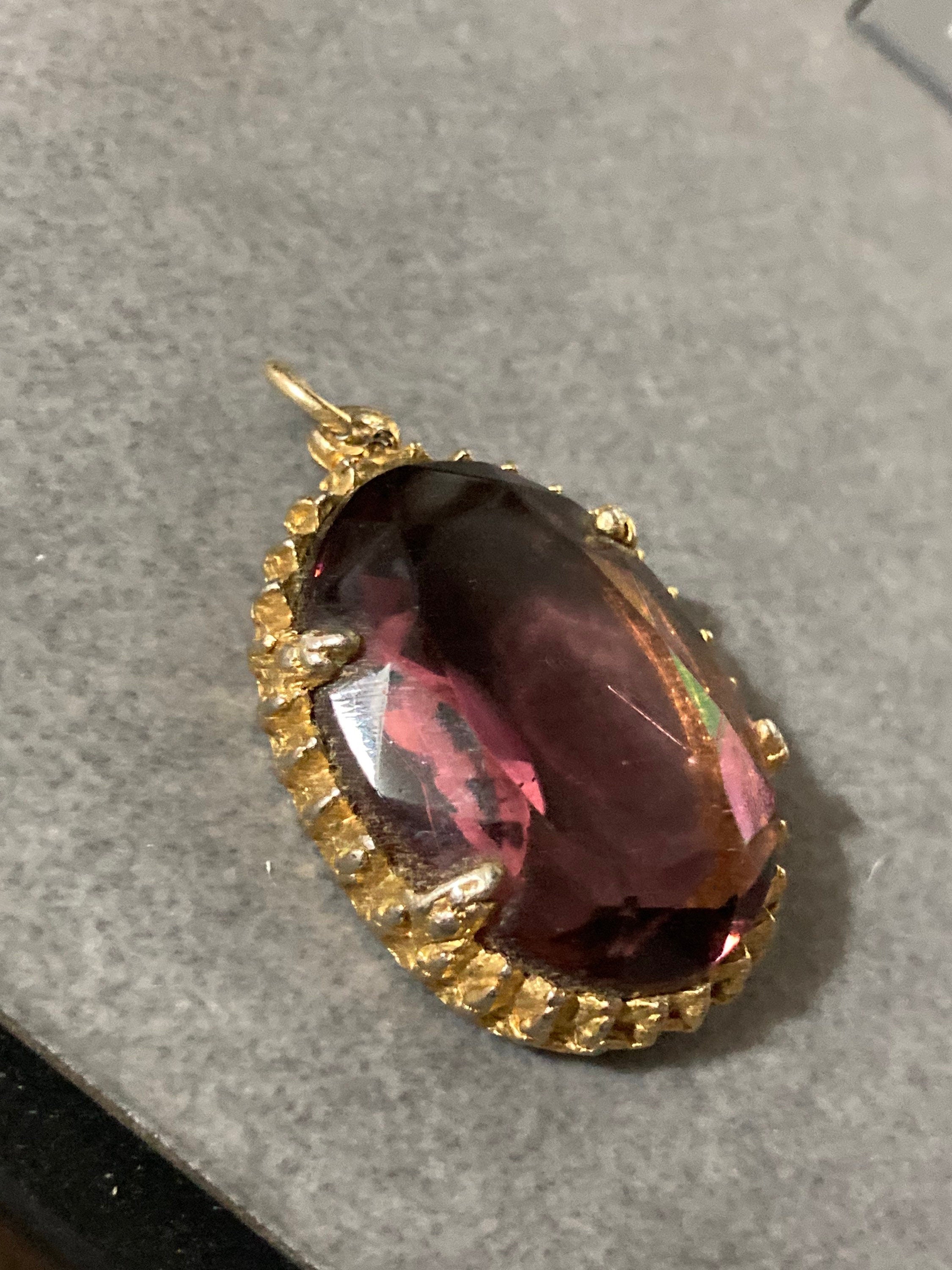 Vintage Modernist gold tone abstract metal purple glass 1970s pendant