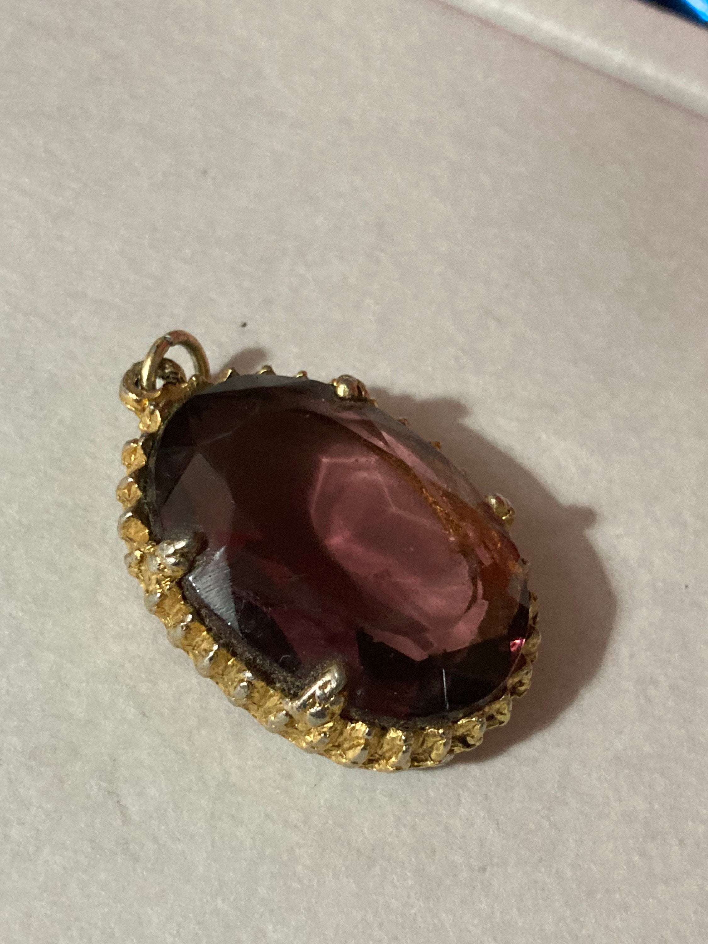 Vintage Modernist gold tone abstract metal purple glass 1970s pendant