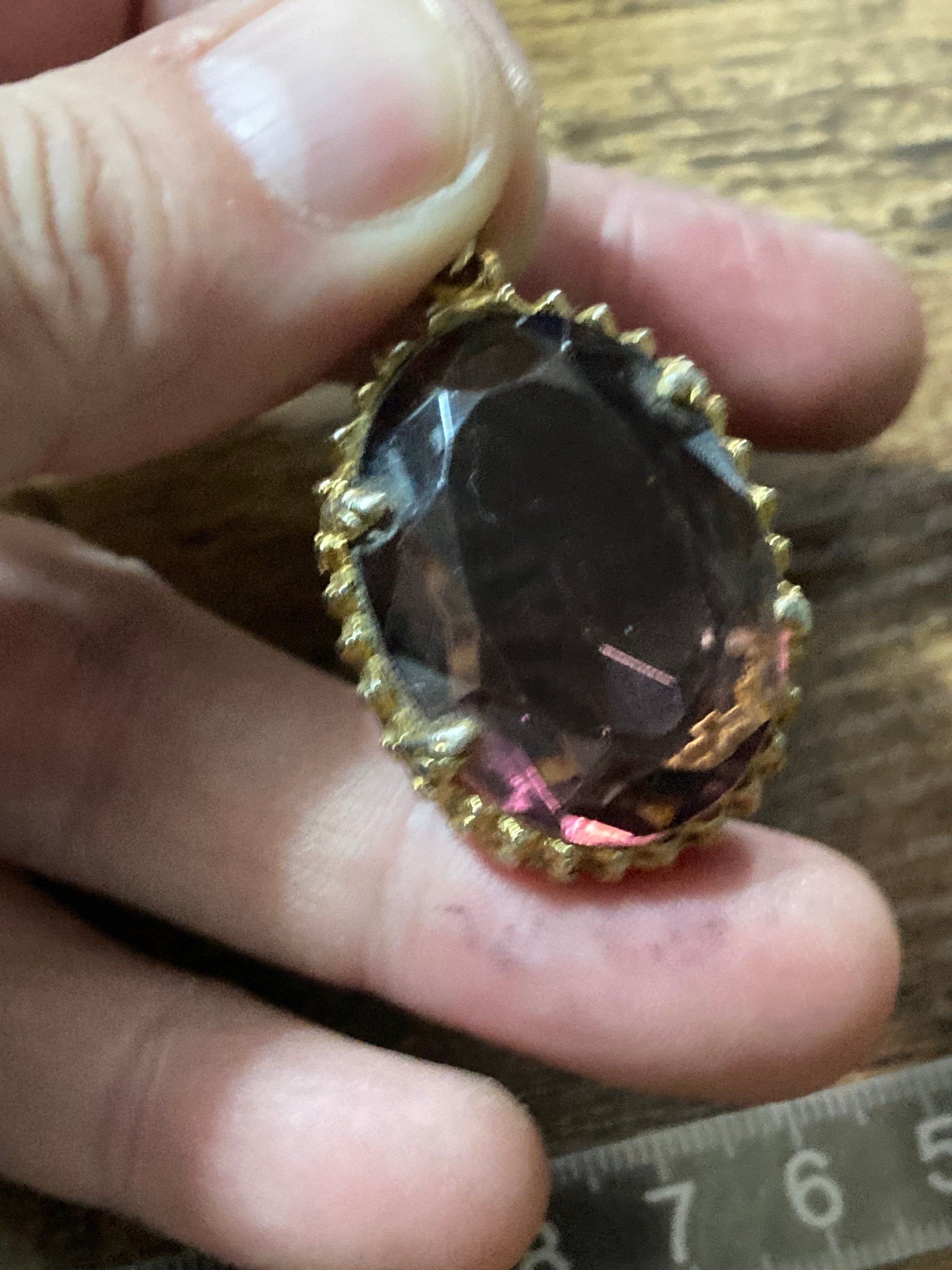 Vintage Modernist gold tone abstract metal purple glass 1970s pendant