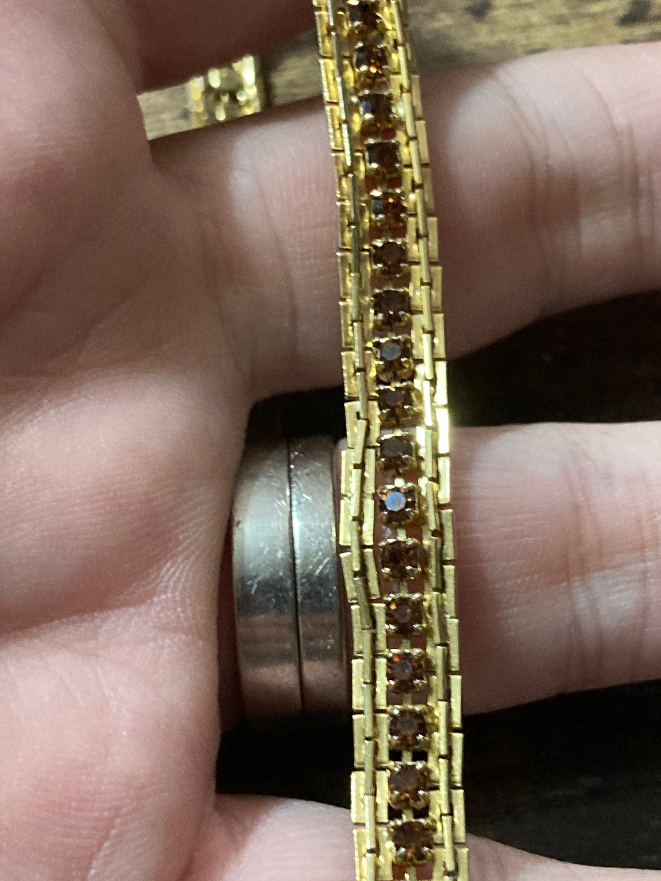 Vintage brown cognac rhinestone Glass Gold Tone mesh cocktail bracelet