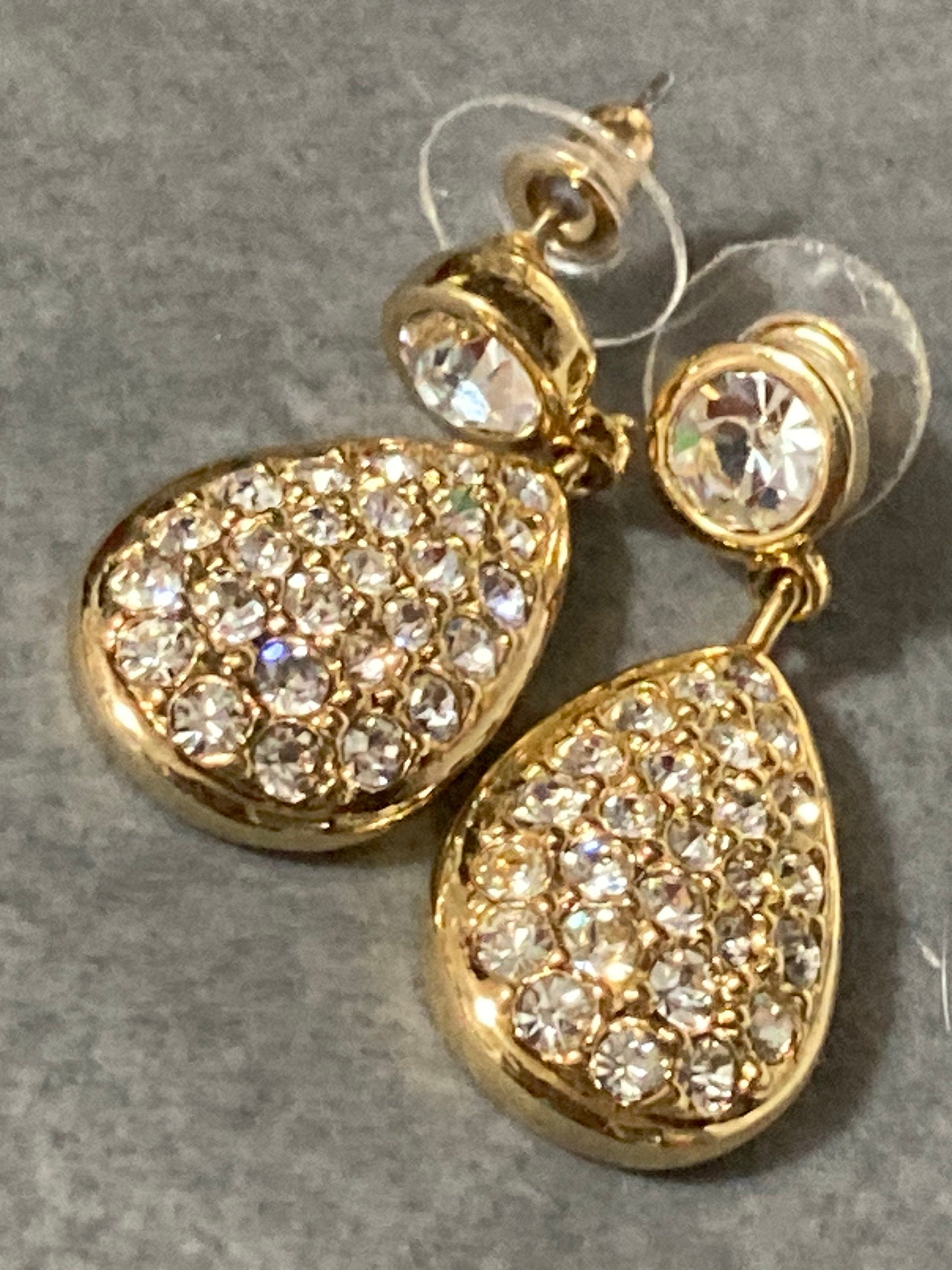 Signed Swarovski crystal gold tone diamanté clear long drop earrings