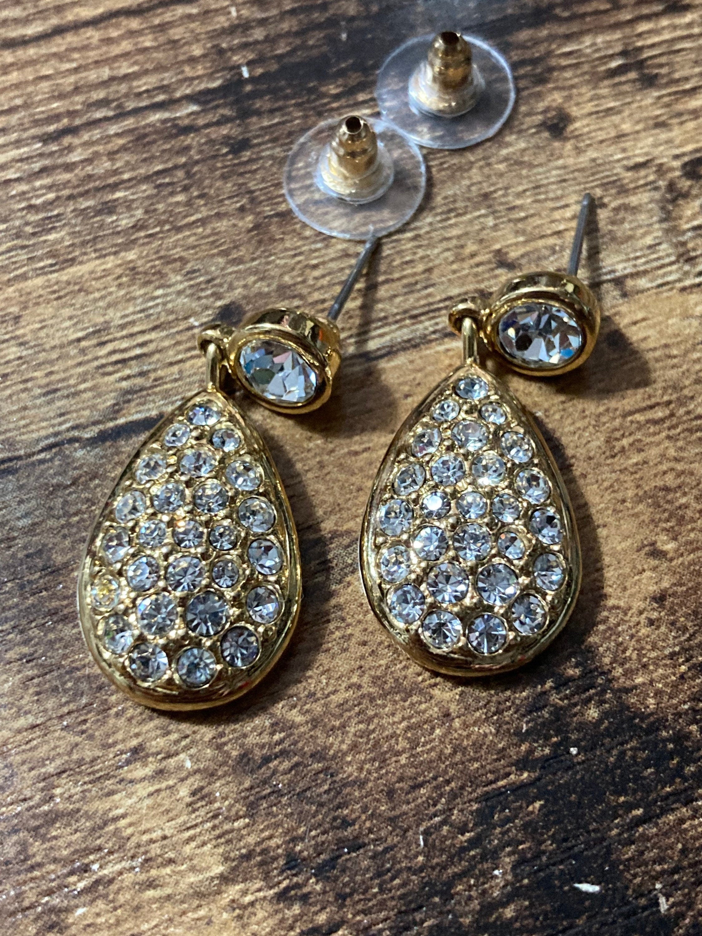 Signed Swarovski crystal gold tone diamanté clear long drop earrings