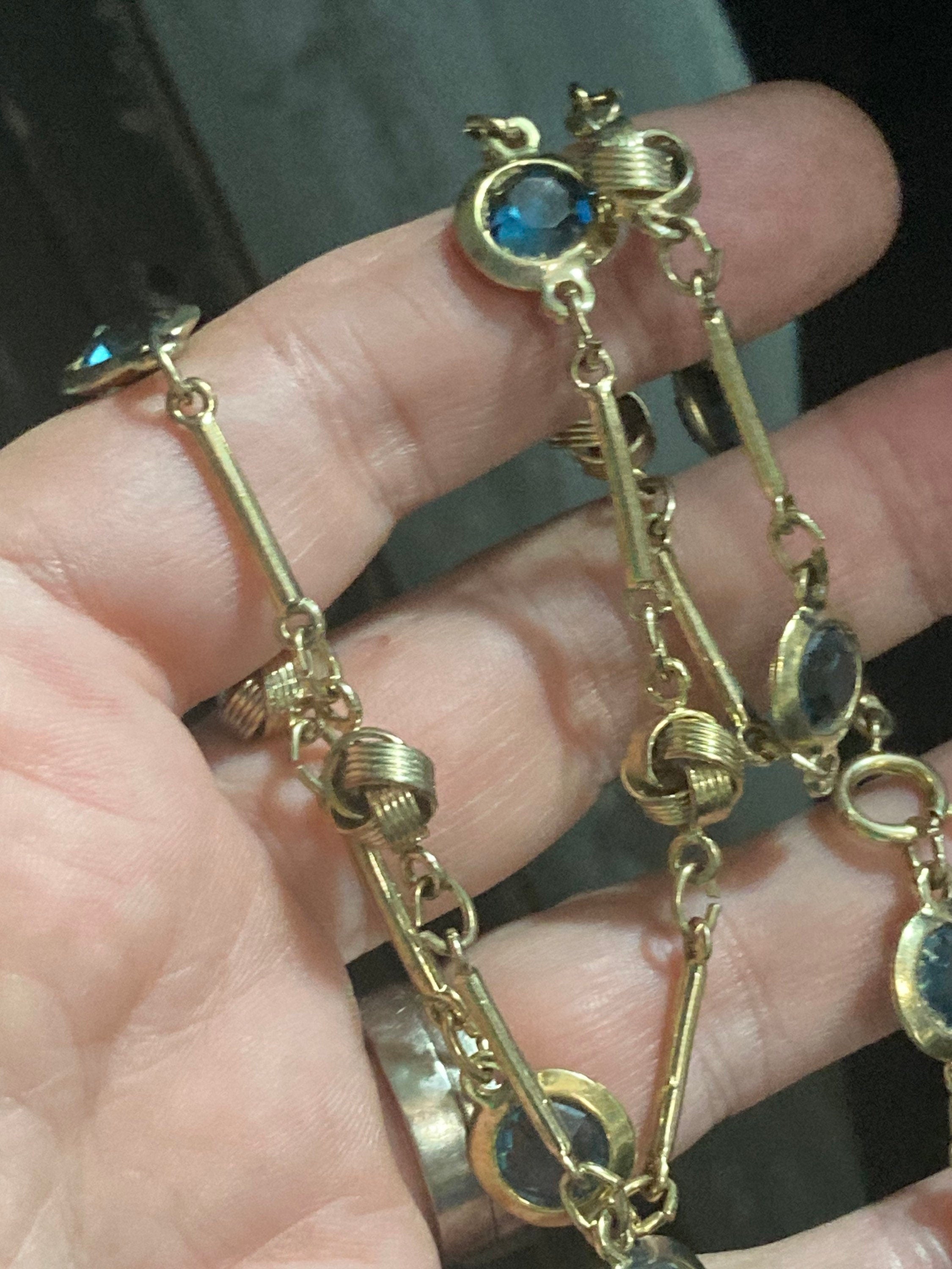 Rivière bezel set blue glass vintage gold tone chain link knot necklace 54cm
