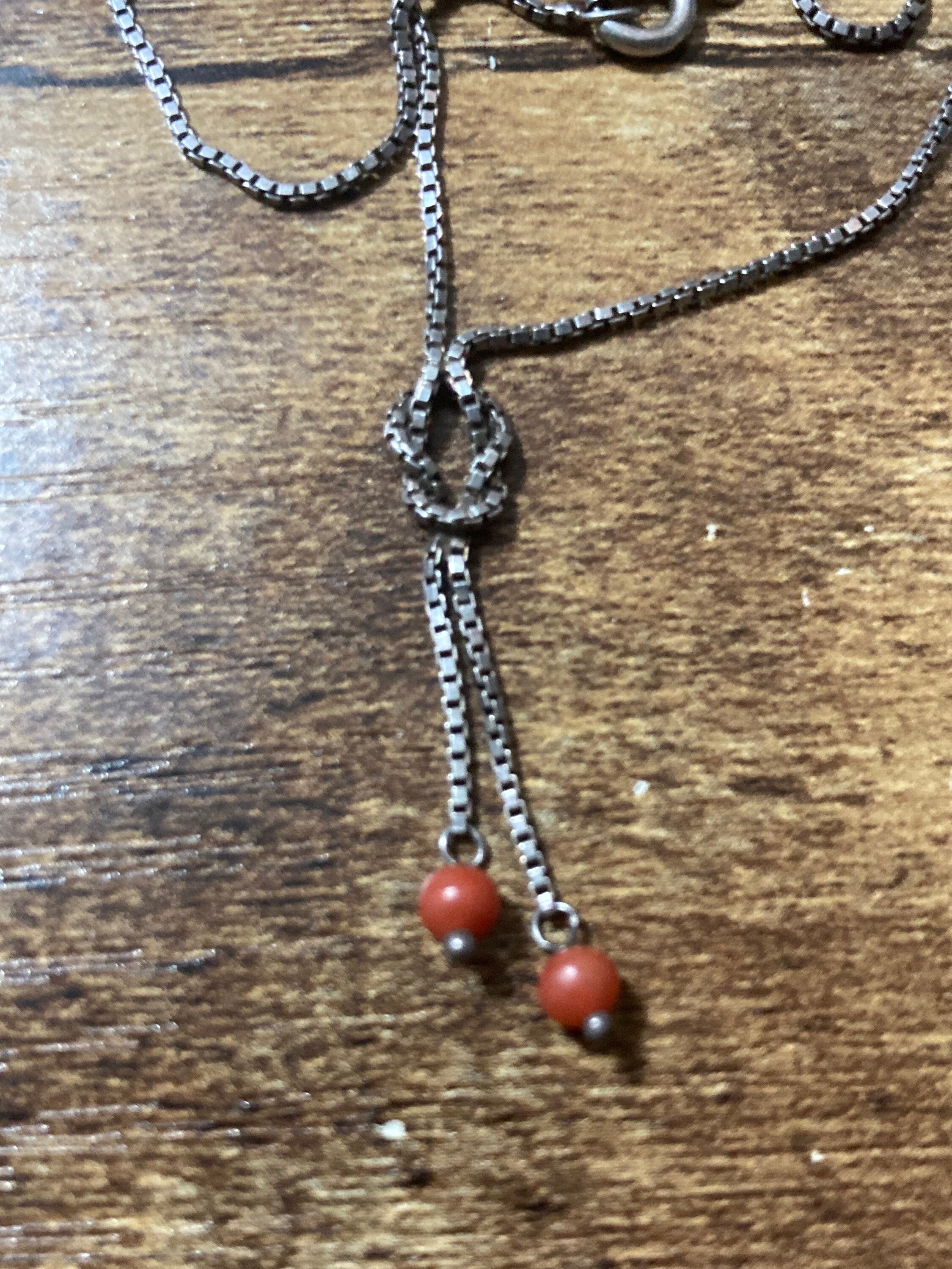 925 sterling silver fine modernist box chain with coral beads and knot 38cm