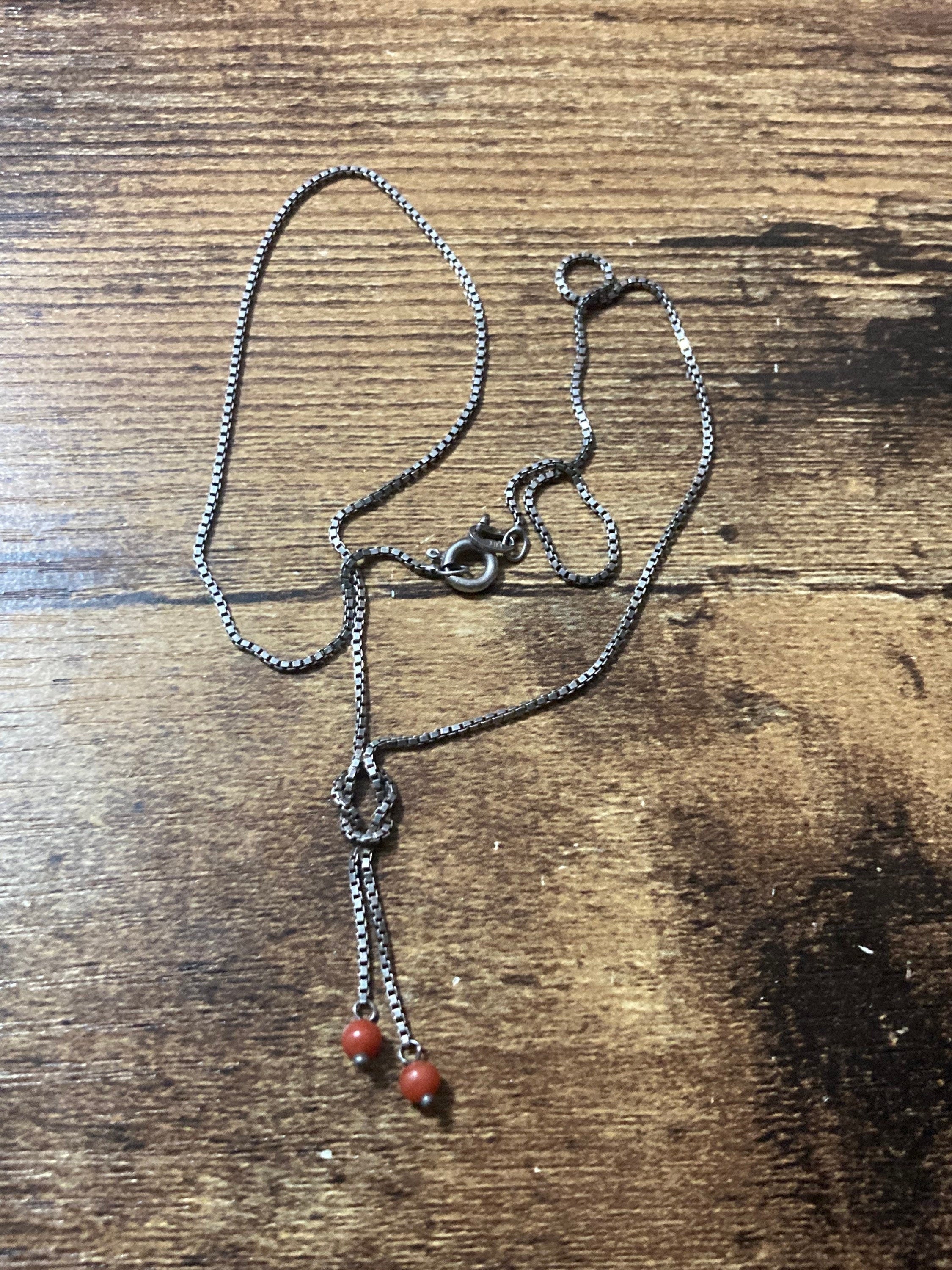 925 sterling silver fine modernist box chain with coral beads and knot 38cm