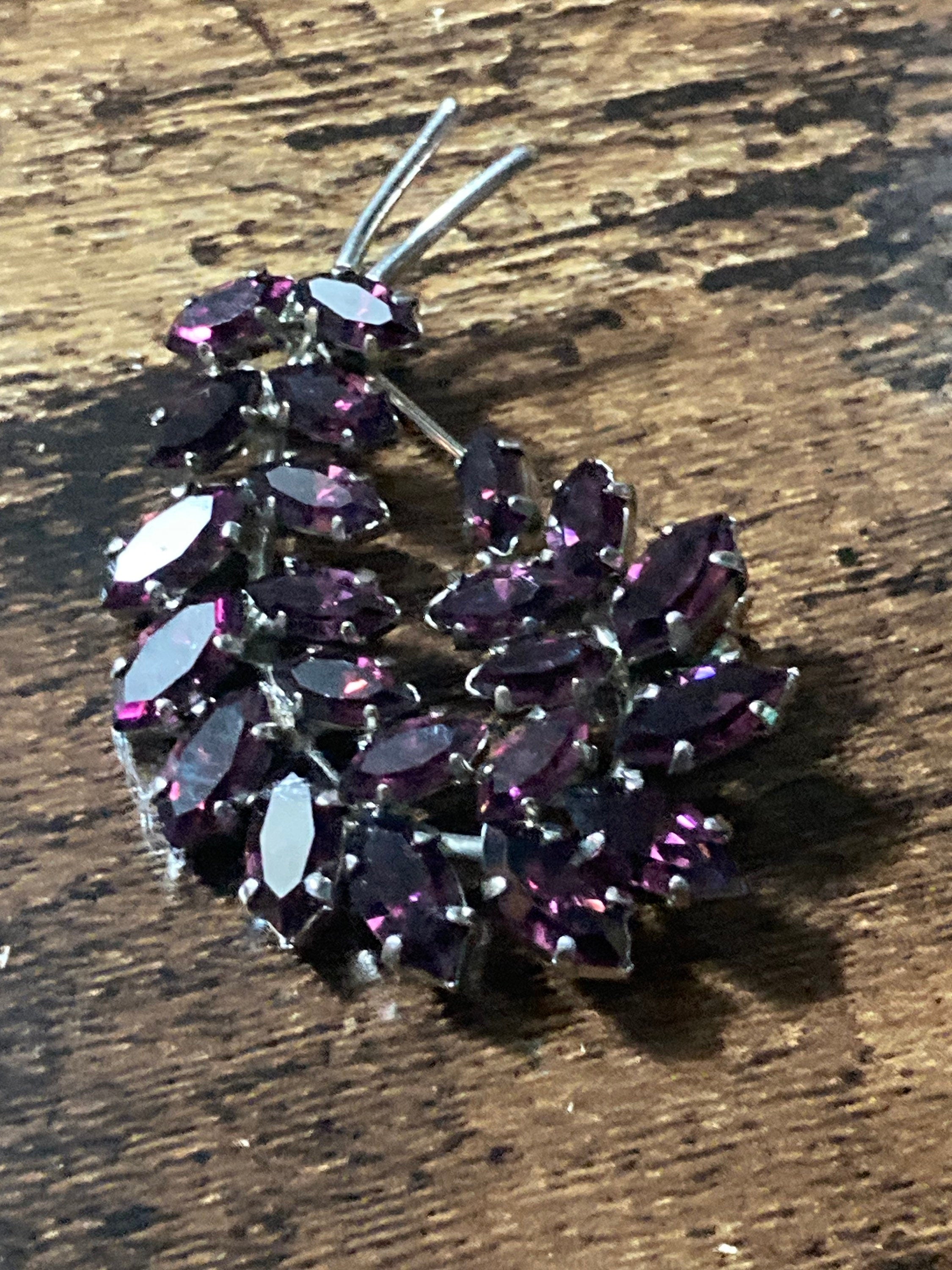 Silver tone diamanté fern leaf brooch with amethyst purple rhinestone glass