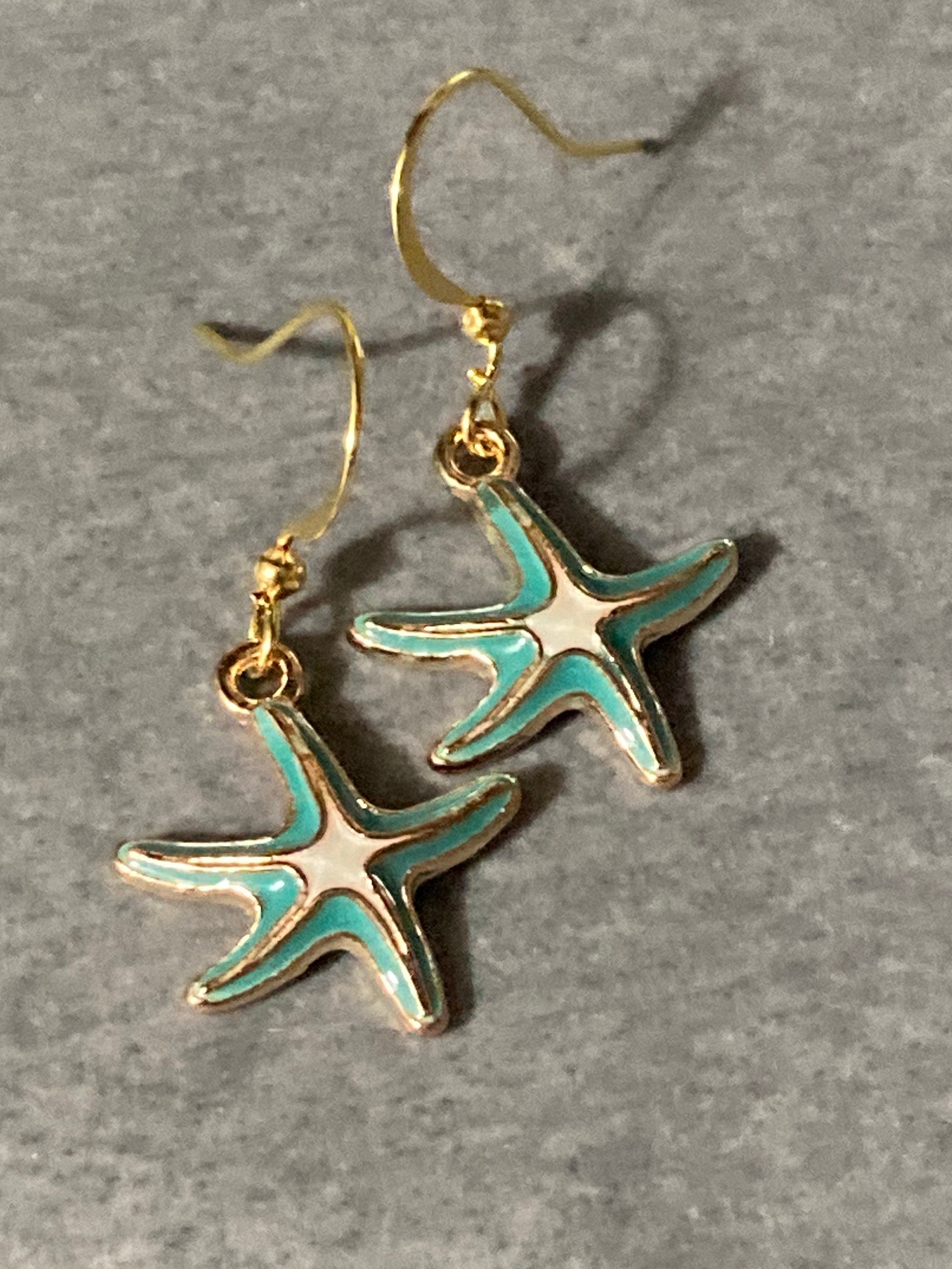 Nautical gold tone white blue enamel starfish drop earrings pierced ears
