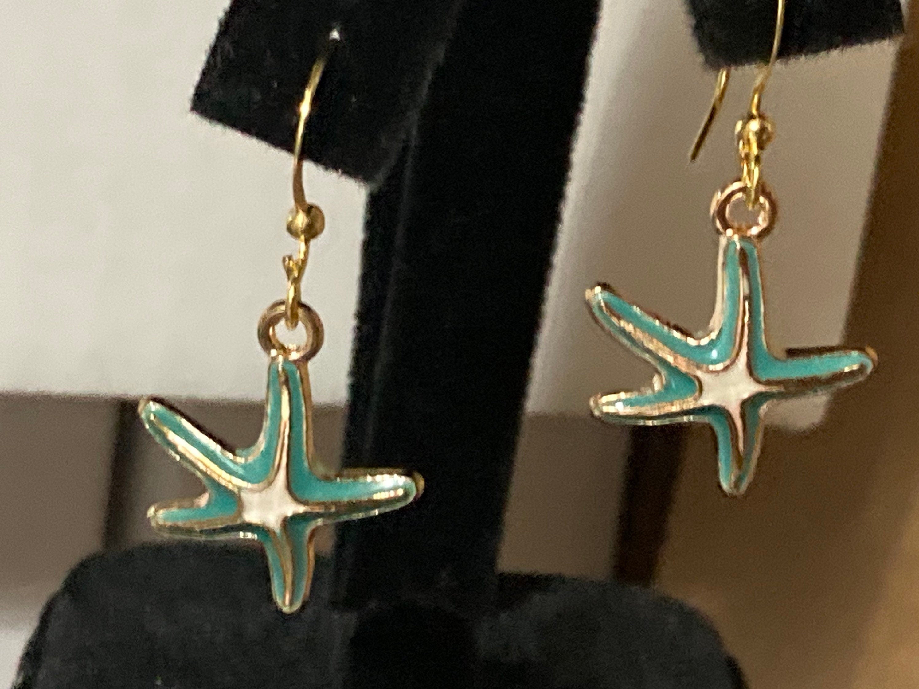Nautical gold tone white blue enamel starfish drop earrings pierced ears