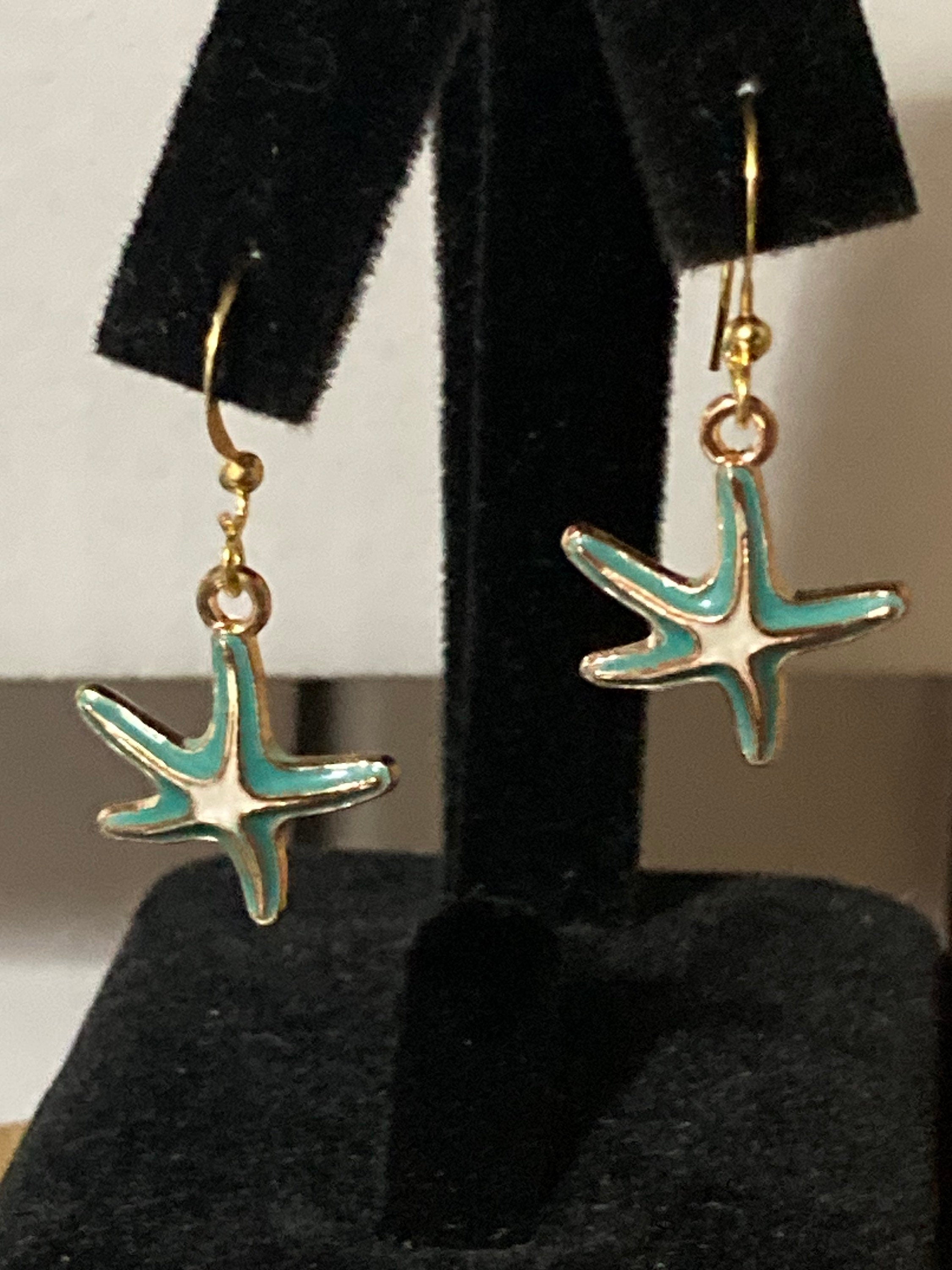 Nautical gold tone white blue enamel starfish drop earrings pierced ears