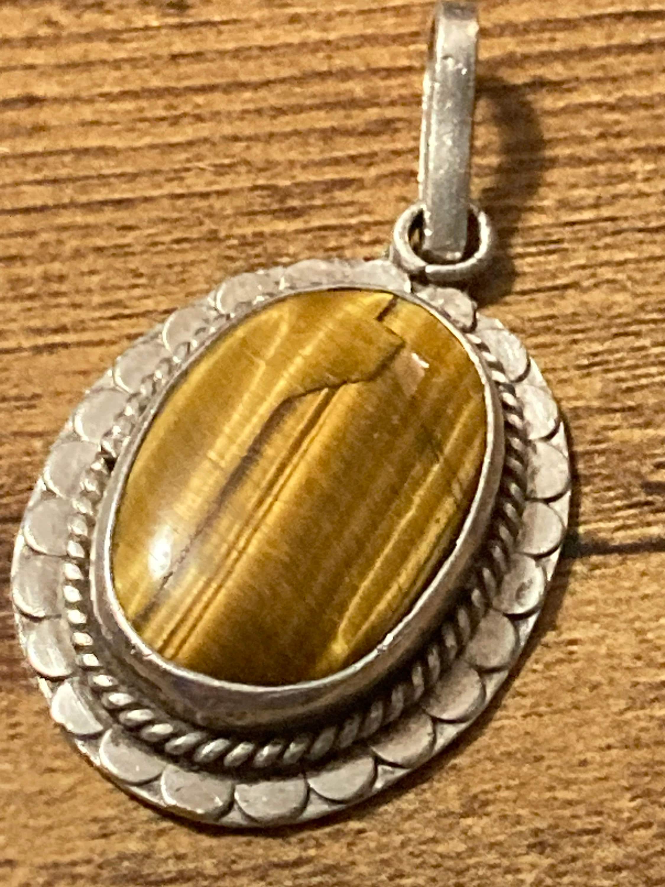 vintage continental silver large brown tigers eye gemstone pendant