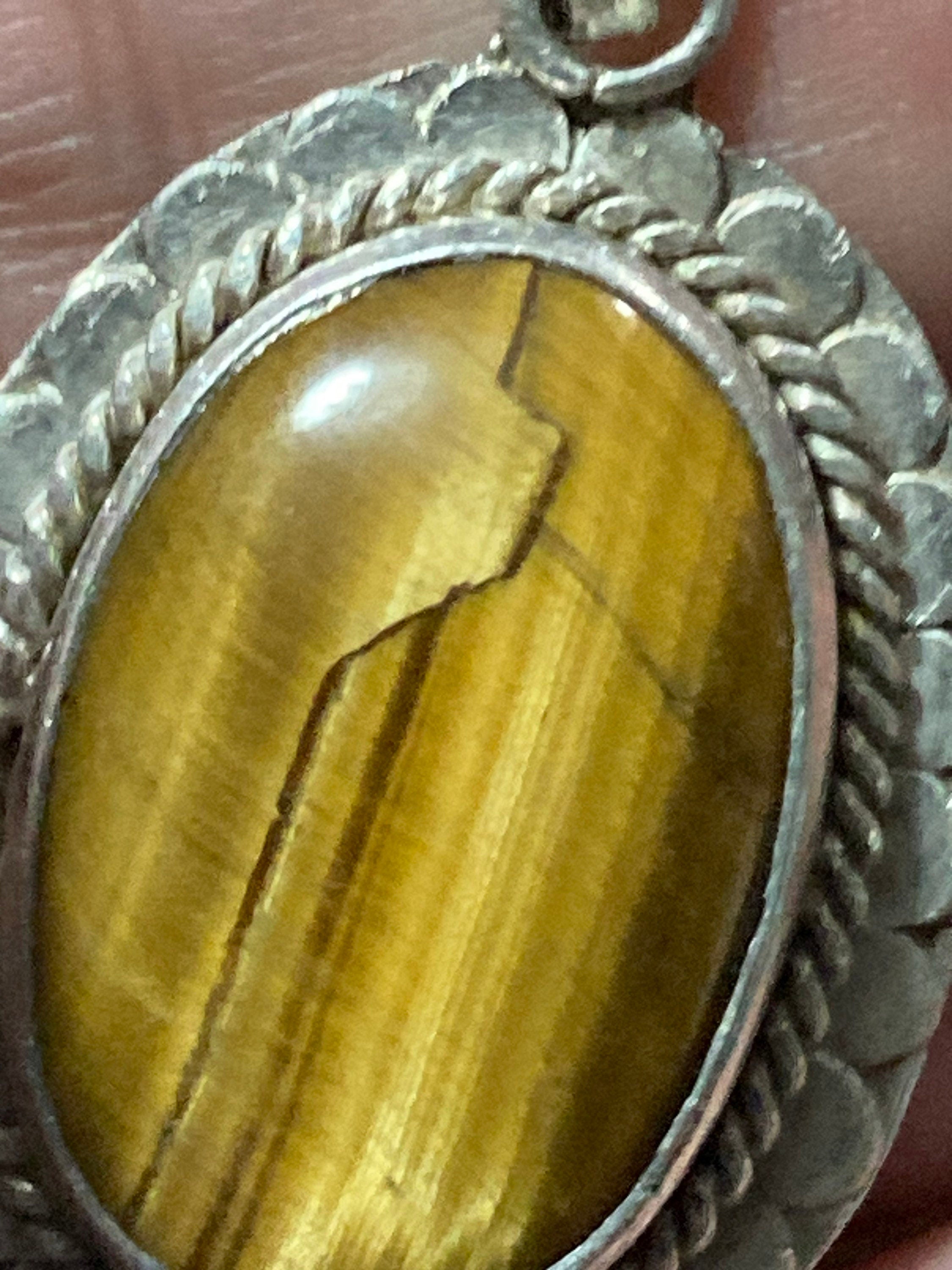 vintage continental silver large brown tigers eye gemstone pendant