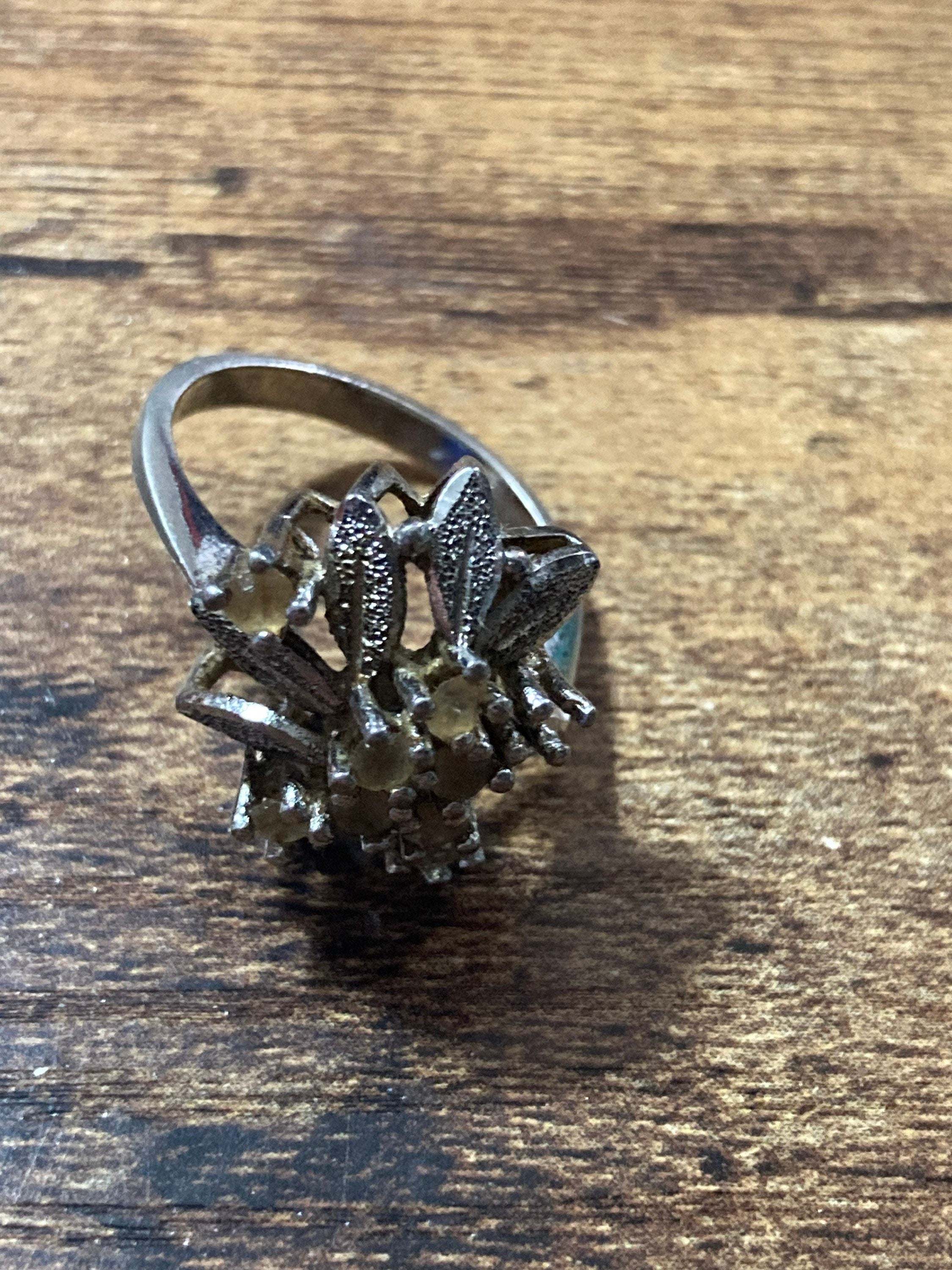 925 sterling silver modernist soft yellow clear diamanté dress ring size M 4.4grams