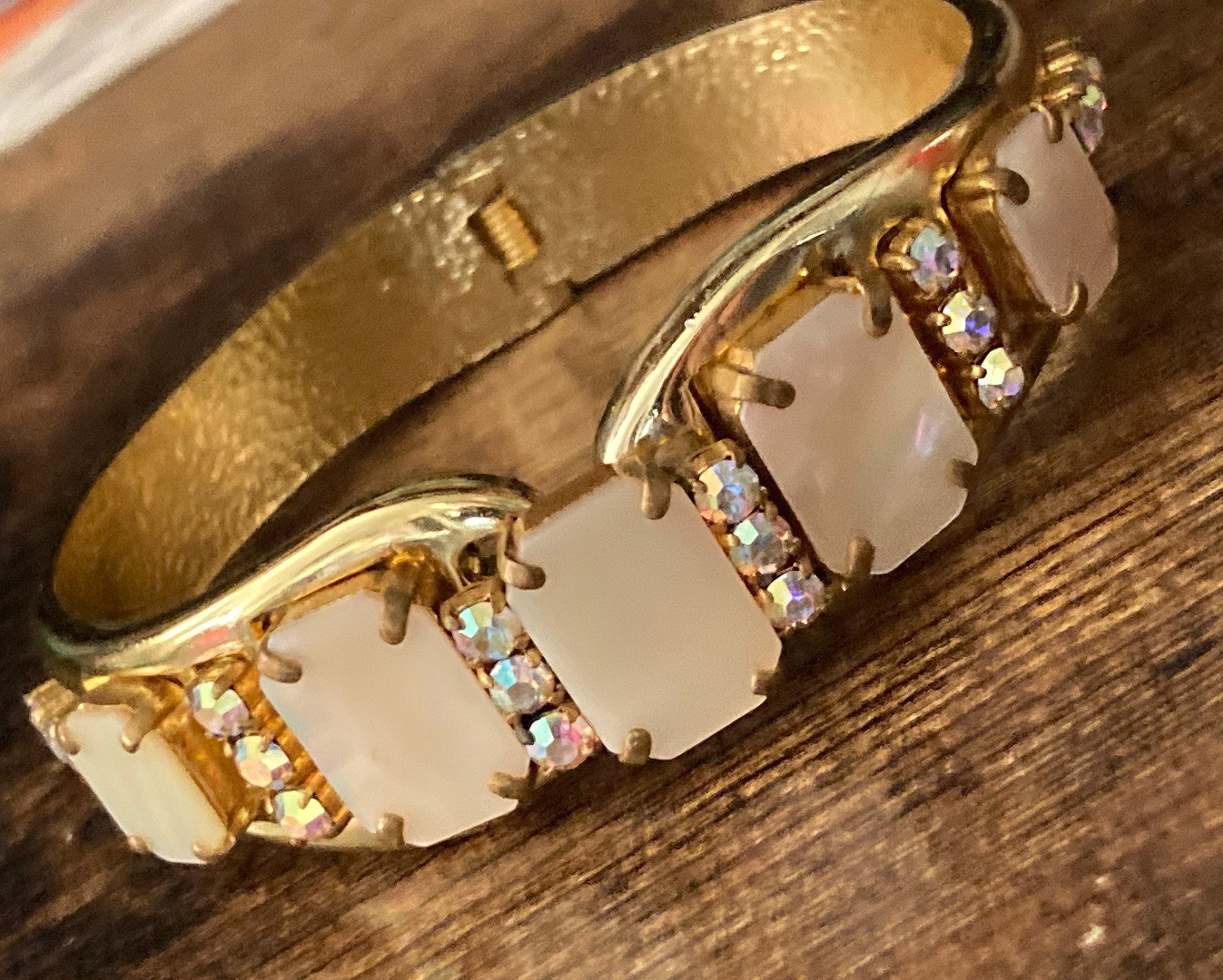 Retro gold tone mother of Pearl diamanté clamper bangle