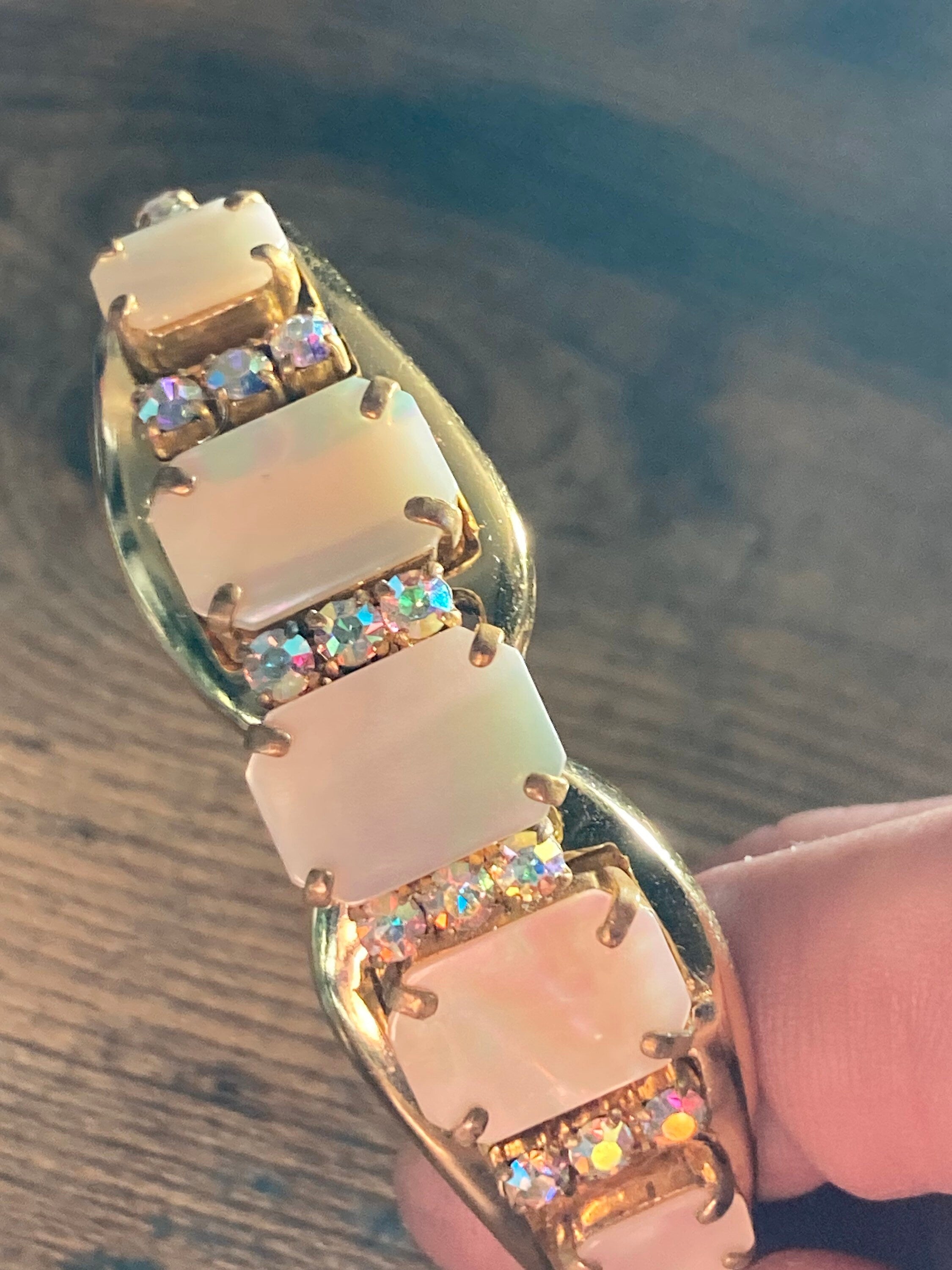 Retro gold tone mother of Pearl diamanté clamper bangle