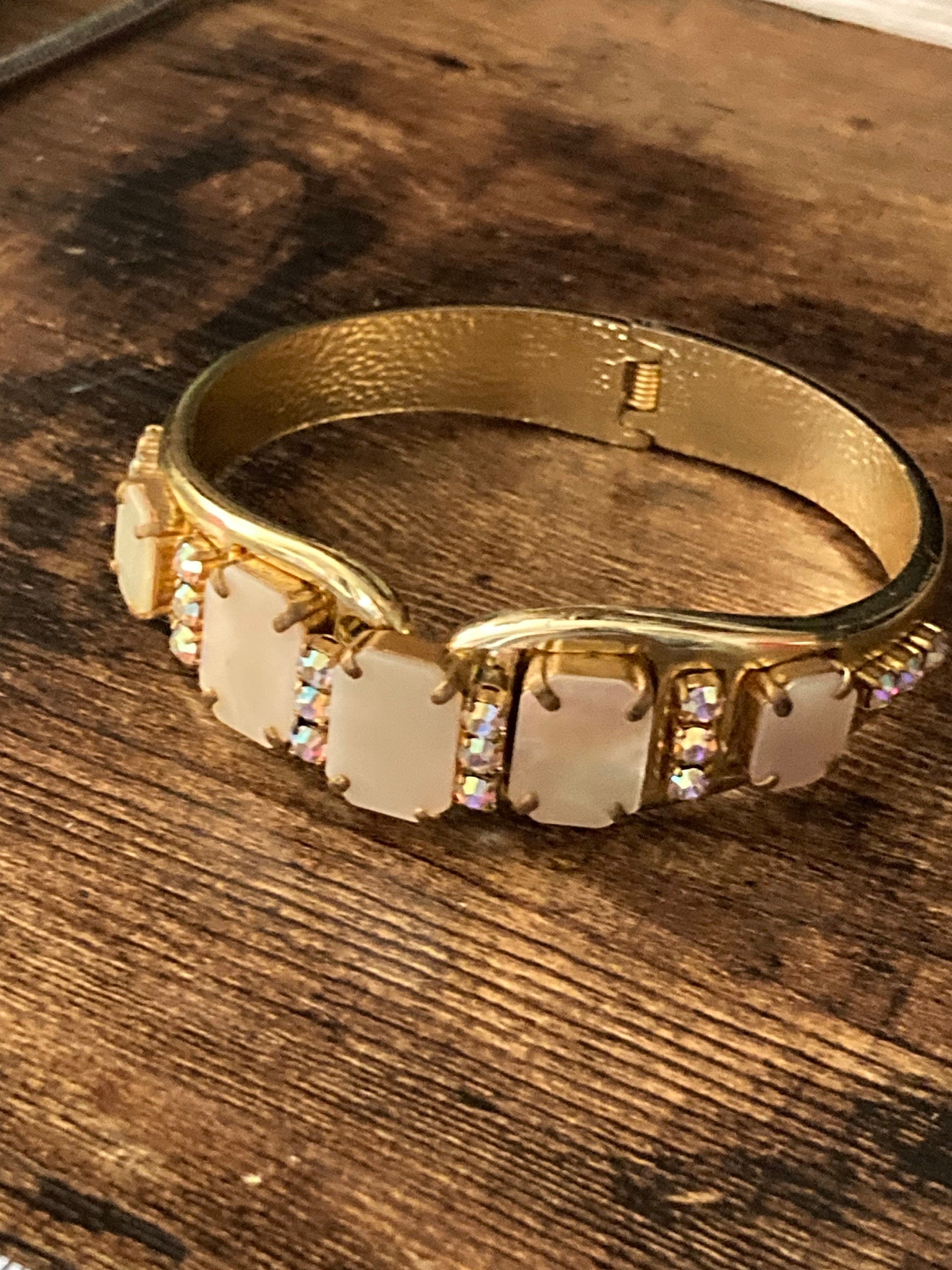 Retro gold tone mother of Pearl diamanté clamper bangle