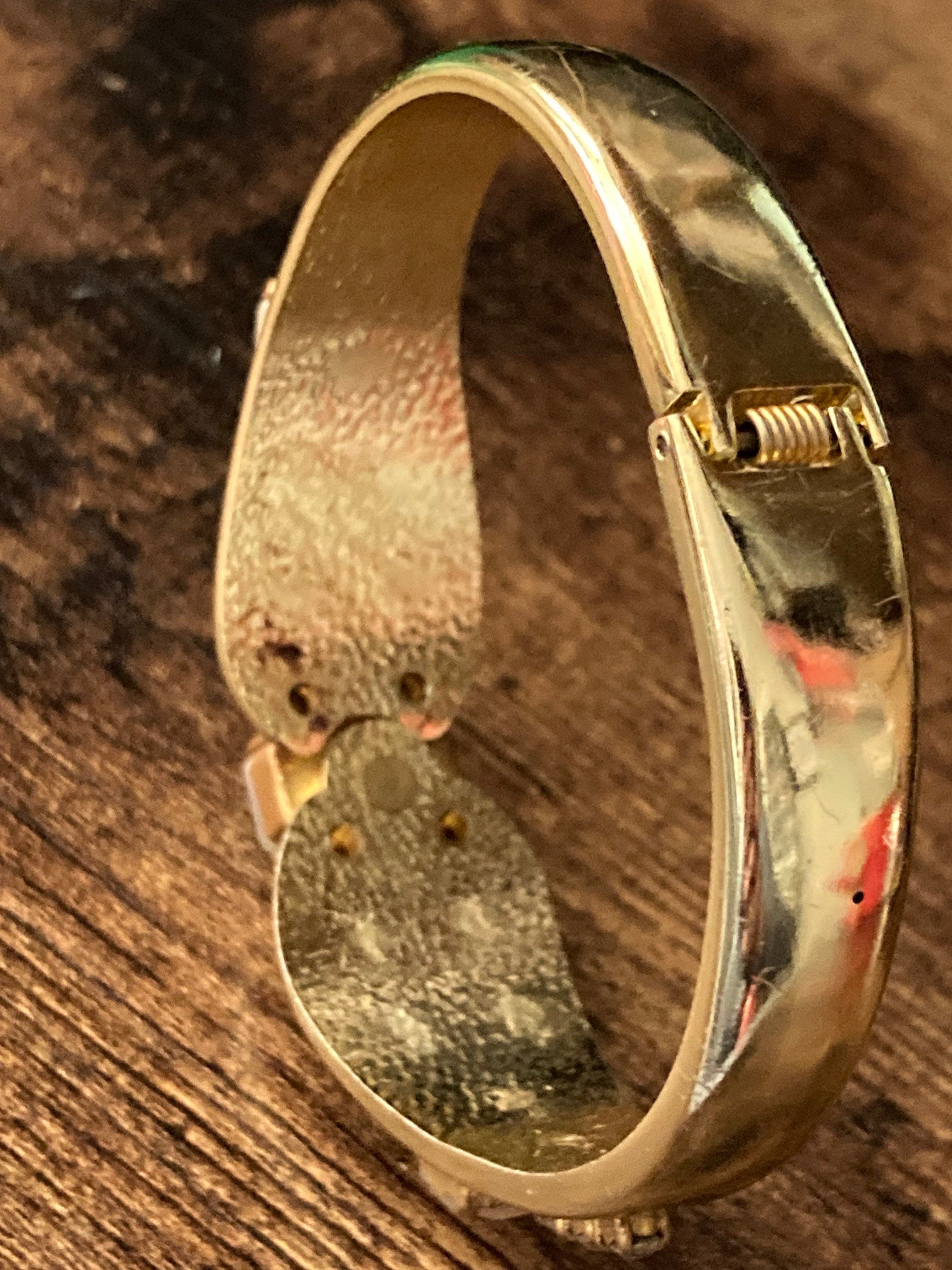 Retro gold tone mother of Pearl diamanté clamper bangle
