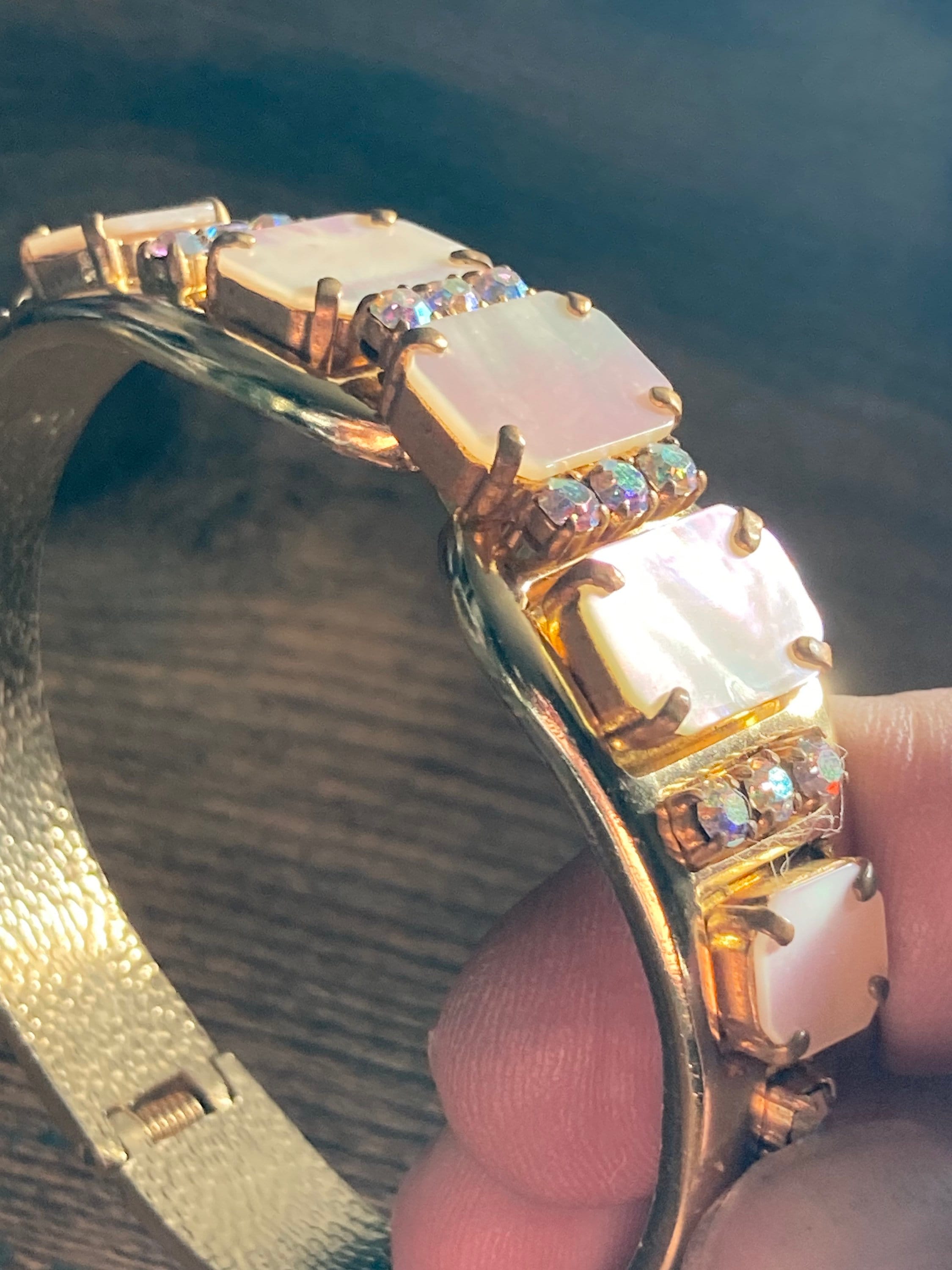 Retro gold tone mother of Pearl diamanté clamper bangle