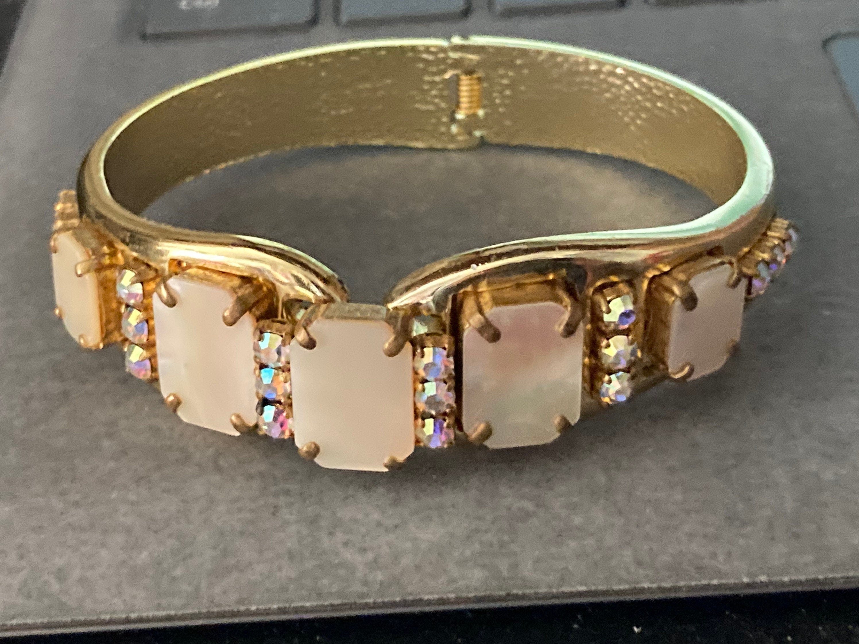 Retro gold tone mother of Pearl diamanté clamper bangle