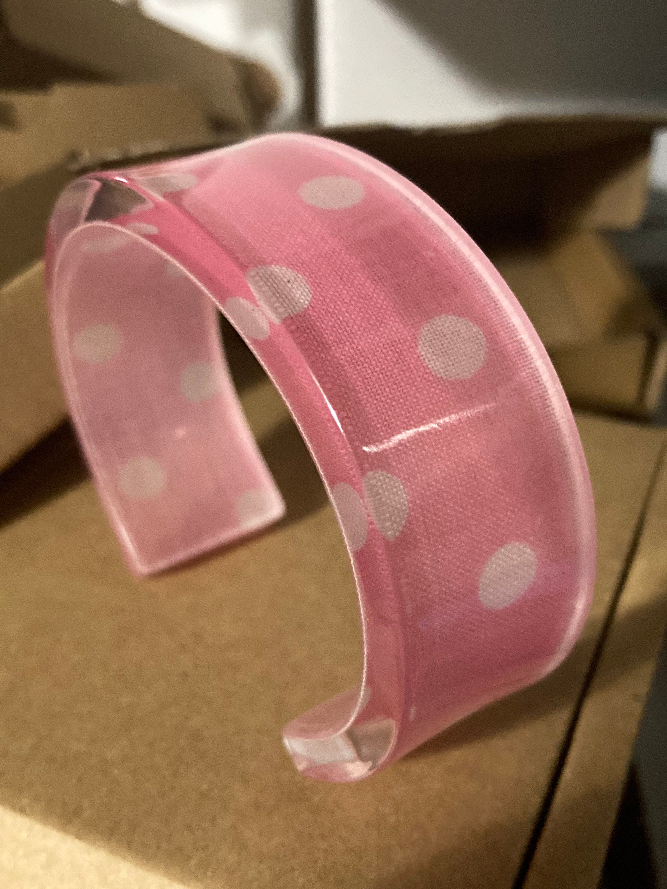 Pink polka dot acrylic plastic resin wide cuff bangle bracelet