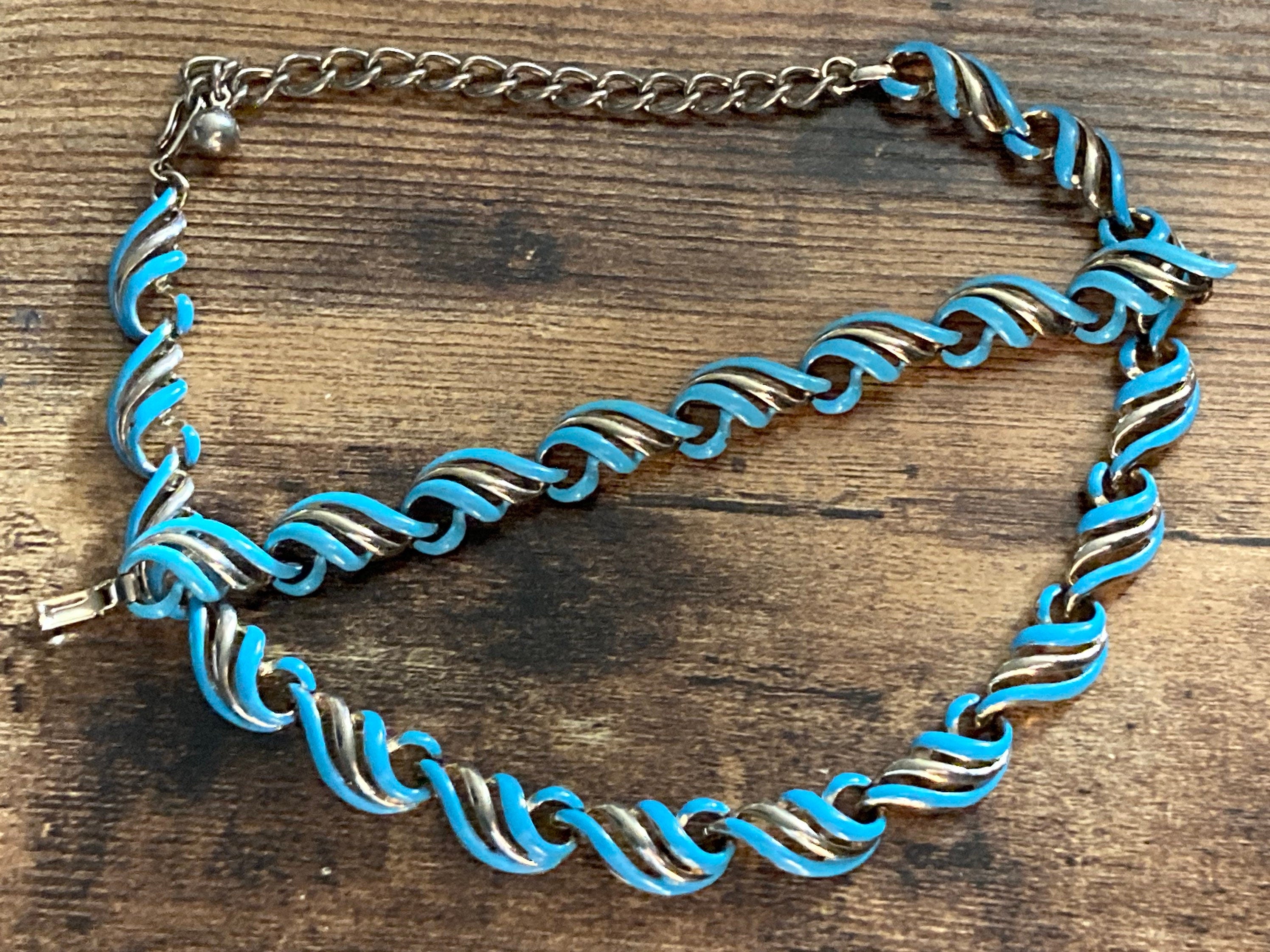 Signed corocraft blue enamel panel link Necklace & bracelet jewellery set Coro