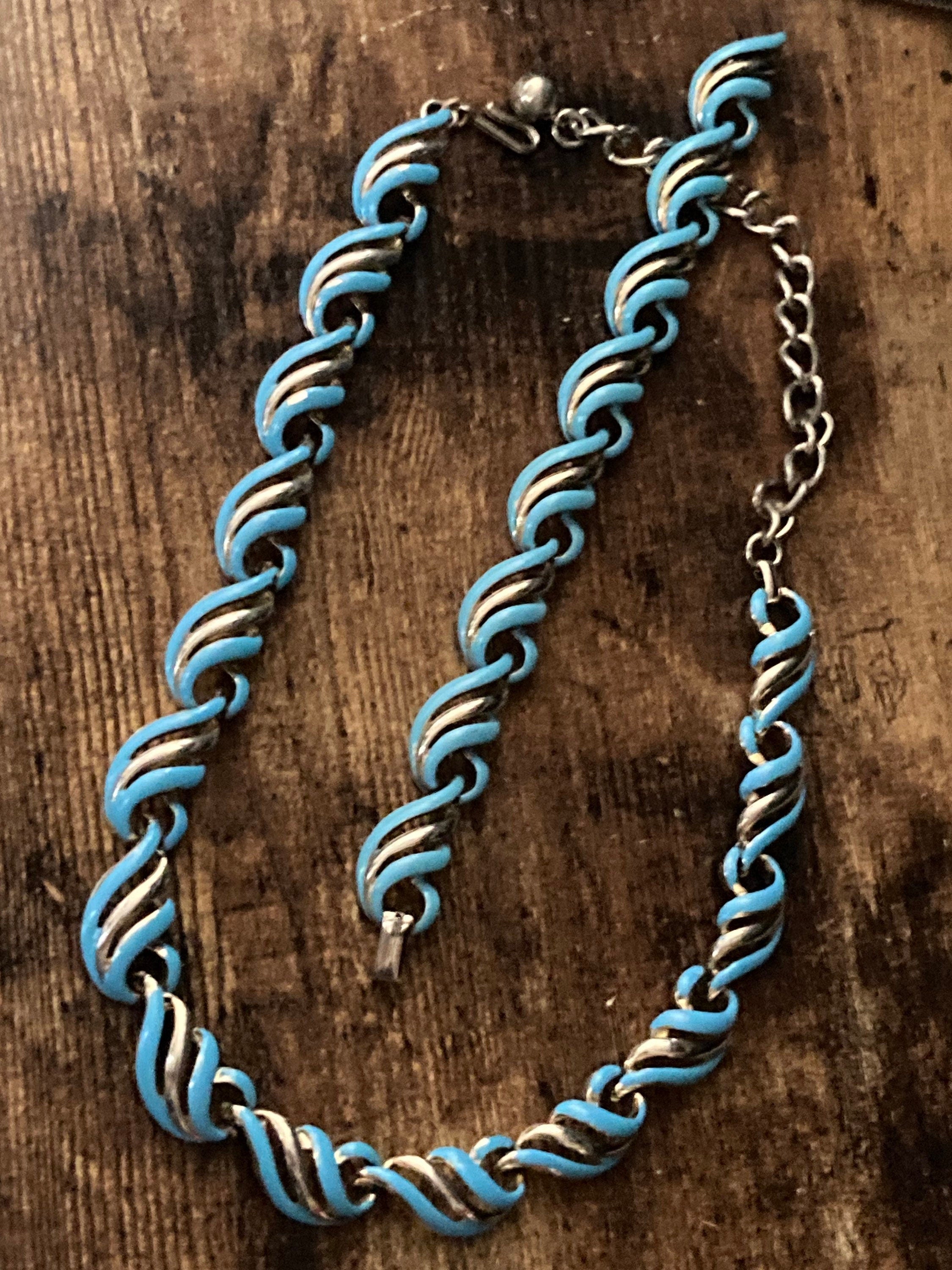 Signed corocraft blue enamel panel link Necklace & bracelet jewellery set Coro