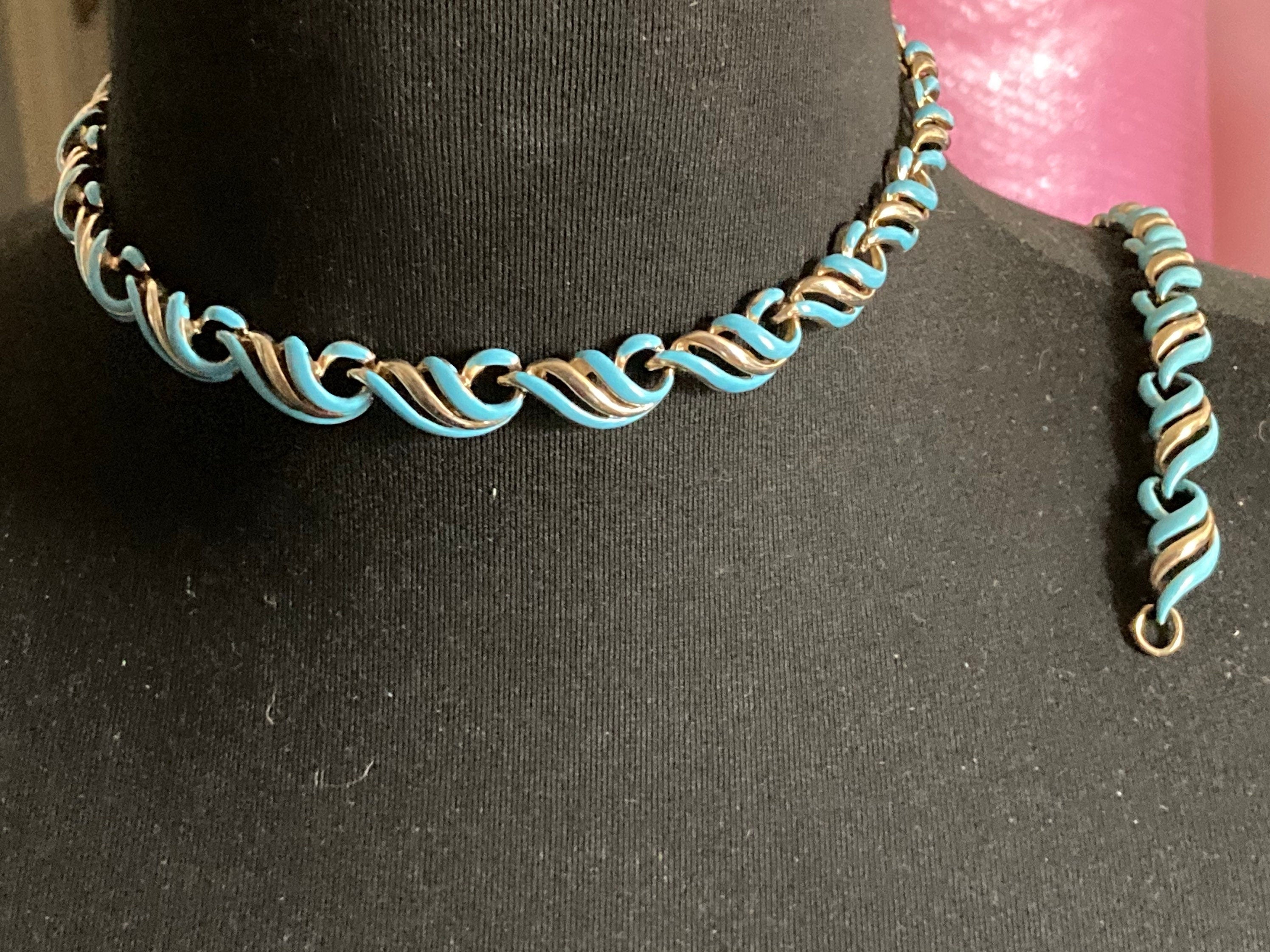 Signed corocraft blue enamel panel link Necklace & bracelet jewellery set Coro